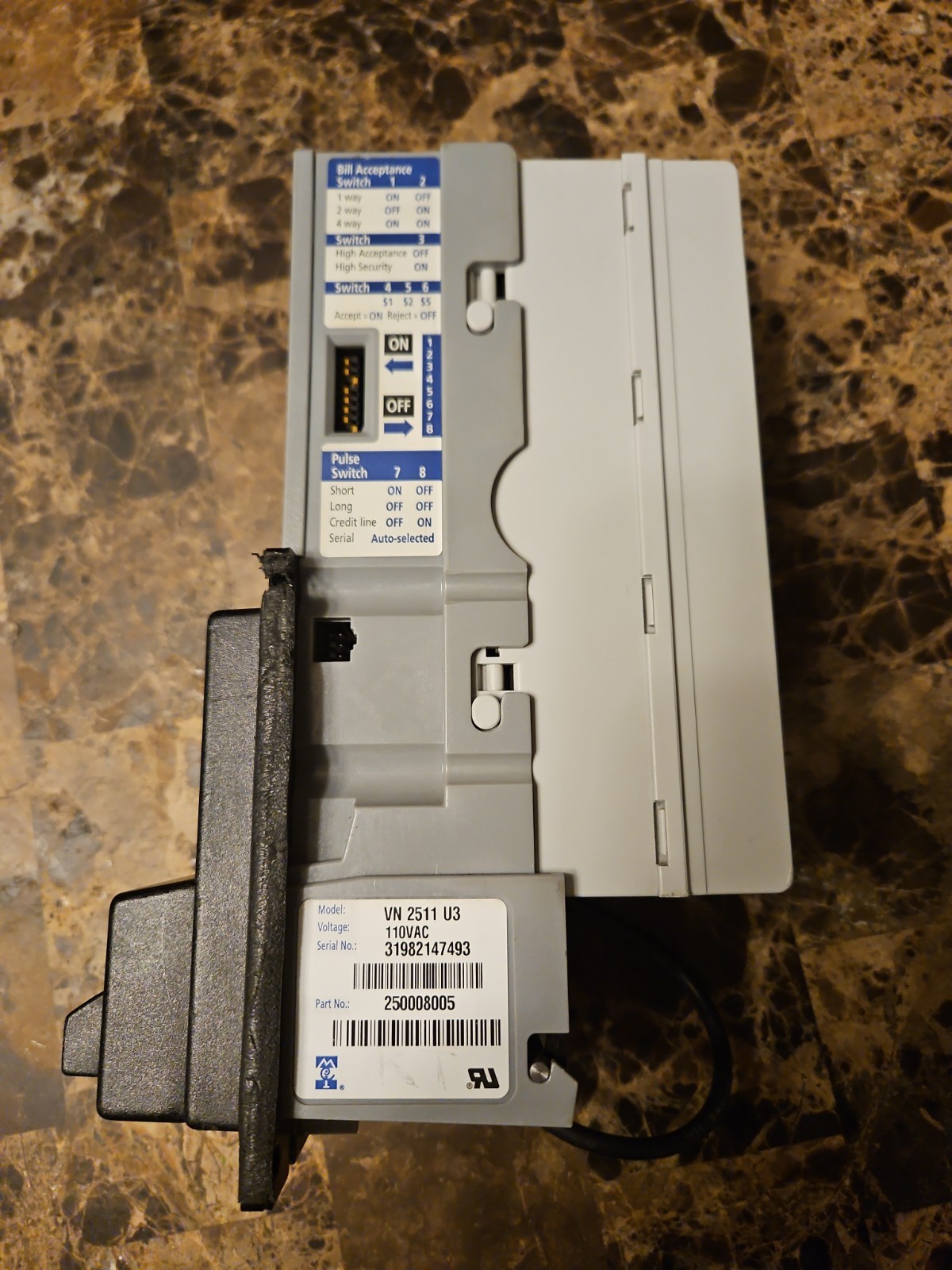 Mei VN2511 Bill Validator. Refurbished. 110vac. Accepts $1 Bills