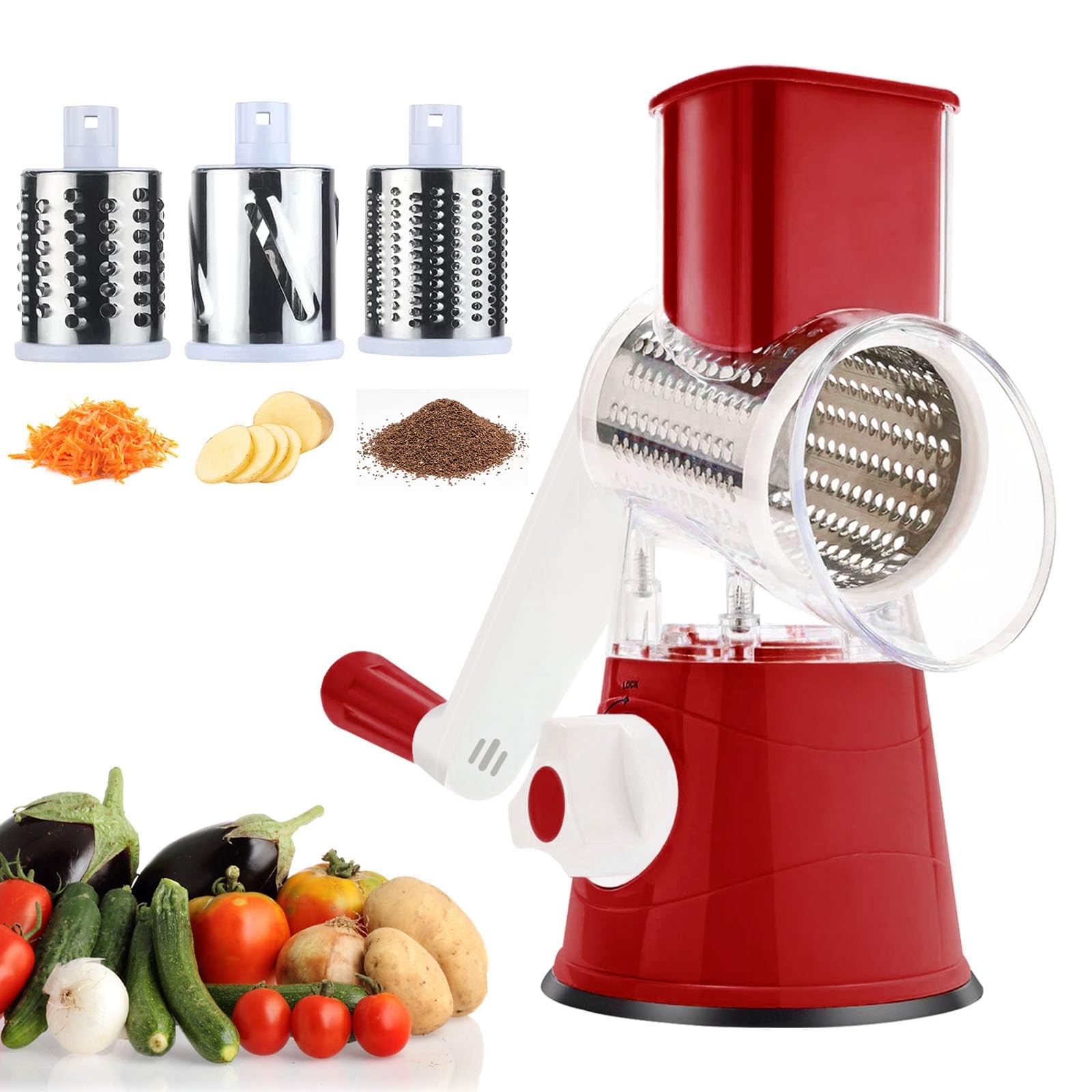Kitchen Cheese Grater Hand Crank, rotary cheese grater with handle, Red