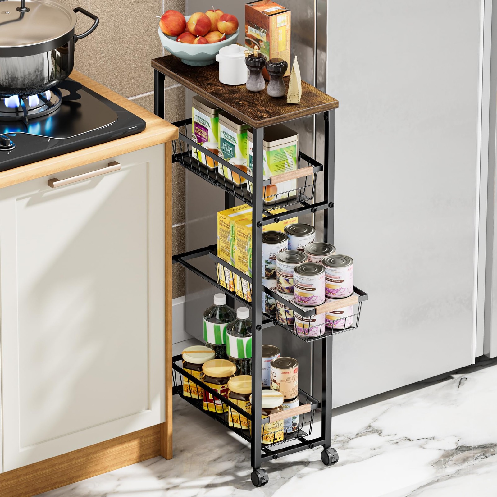 Narrow Rolling Cart with Wheels, 4-Tier Slim Metal Storage Cart with Pull-Out