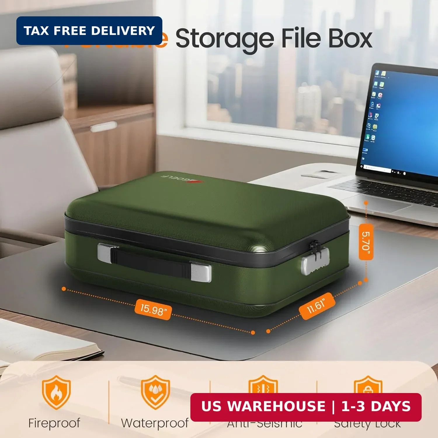 Fireproof Document Box with Lock, 5200°F Fireproof Water Resistant Hard Case Fil