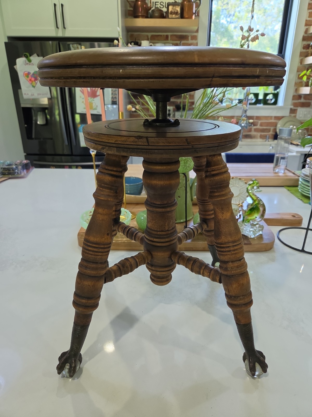 Antique Adjustable Swivel Walnut Piano Stool Claw Marble Feet The Chas Parker Co