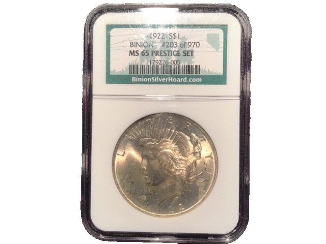 🔥1922 Peace Dollar • Binion Silver Hoard #203 of 970 • NGC MS 65 • Prestige Set