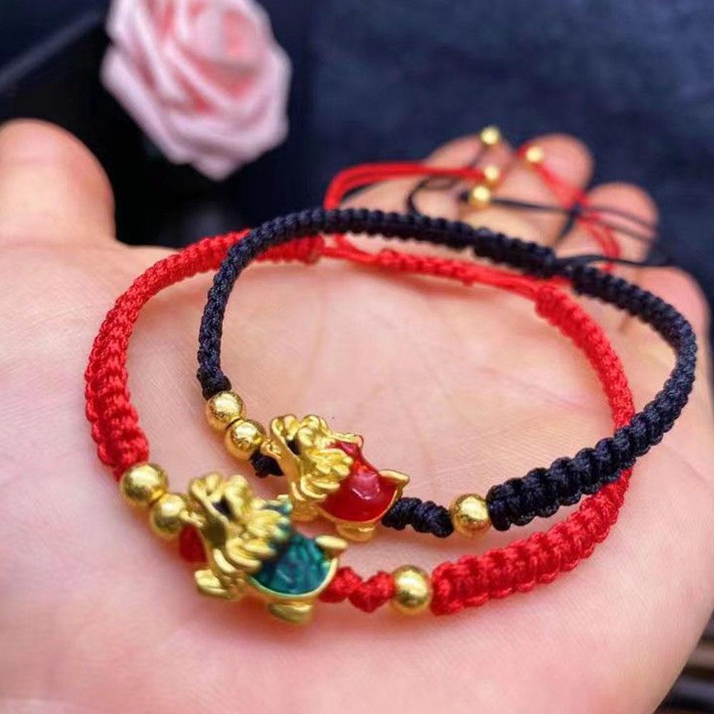 Lucky Red Rope Bracelet Dragon Year Chinese New Year Golden Plated Dragon B Z3T2