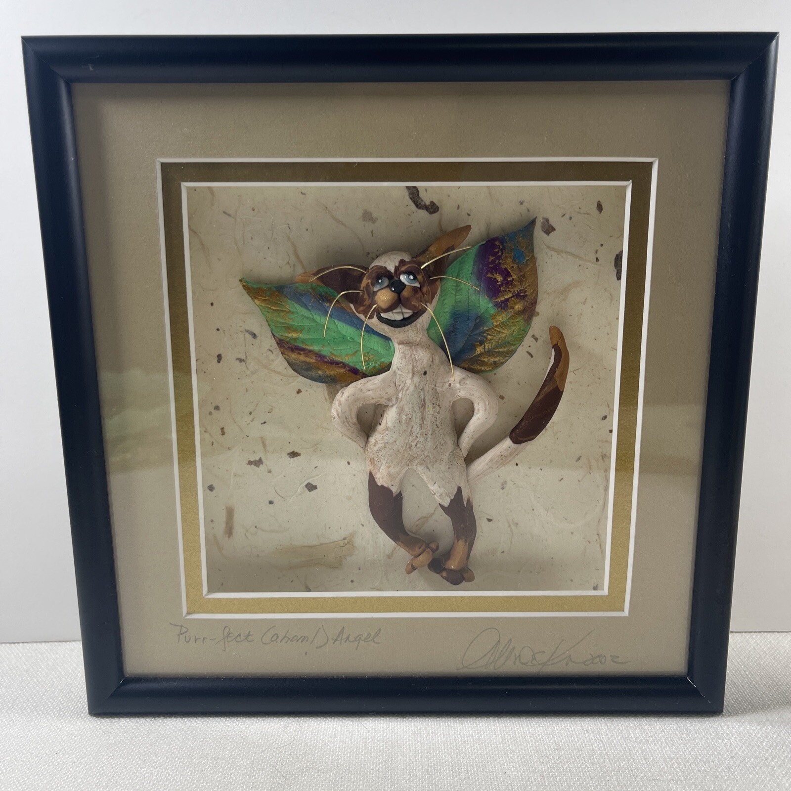 Original Wall Art Picture Mixed Media Alison Kurek Signed 3D Angel Cat Kitty