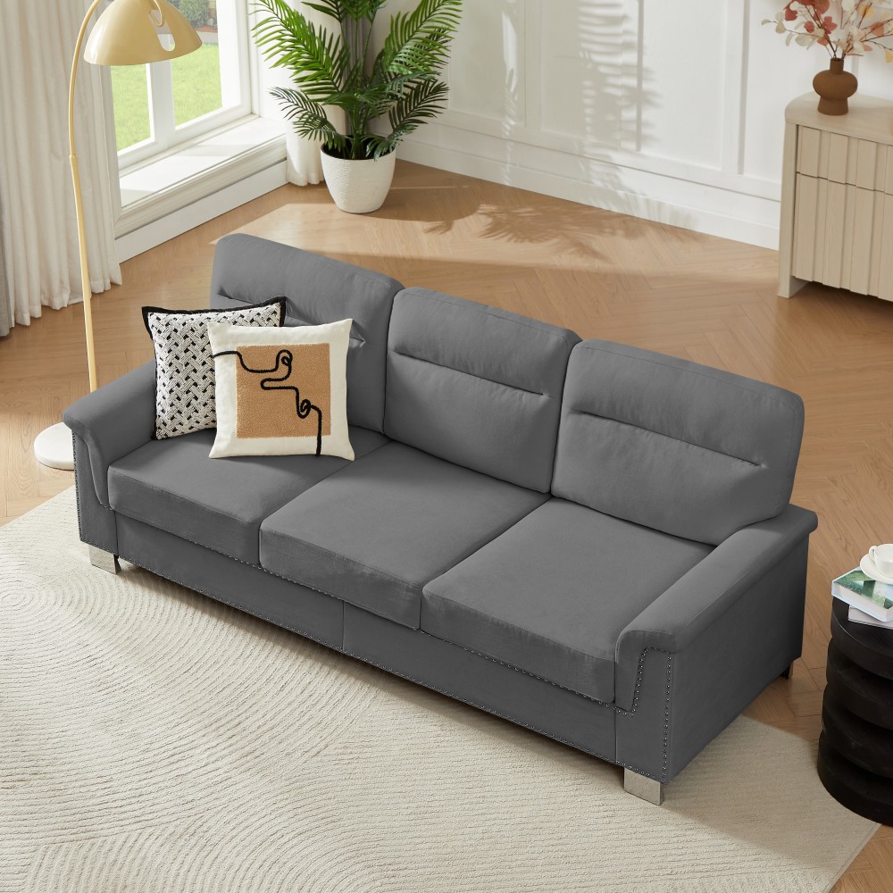 82" Modern Snowfleece Fabric 3-Seat Sofa w/ Rolled Arms for Living Room, Gray