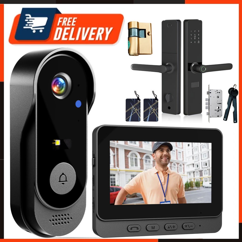Wireless Video Doorbell Camera Night Vision Bell with 7in1 Fingerprint Door Lock