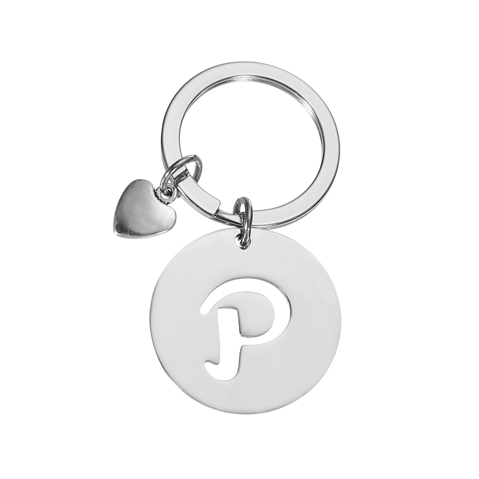 Initial Letter KeyChain, Disc Letter A-Z Heart Charm Keyring, Silver (P)