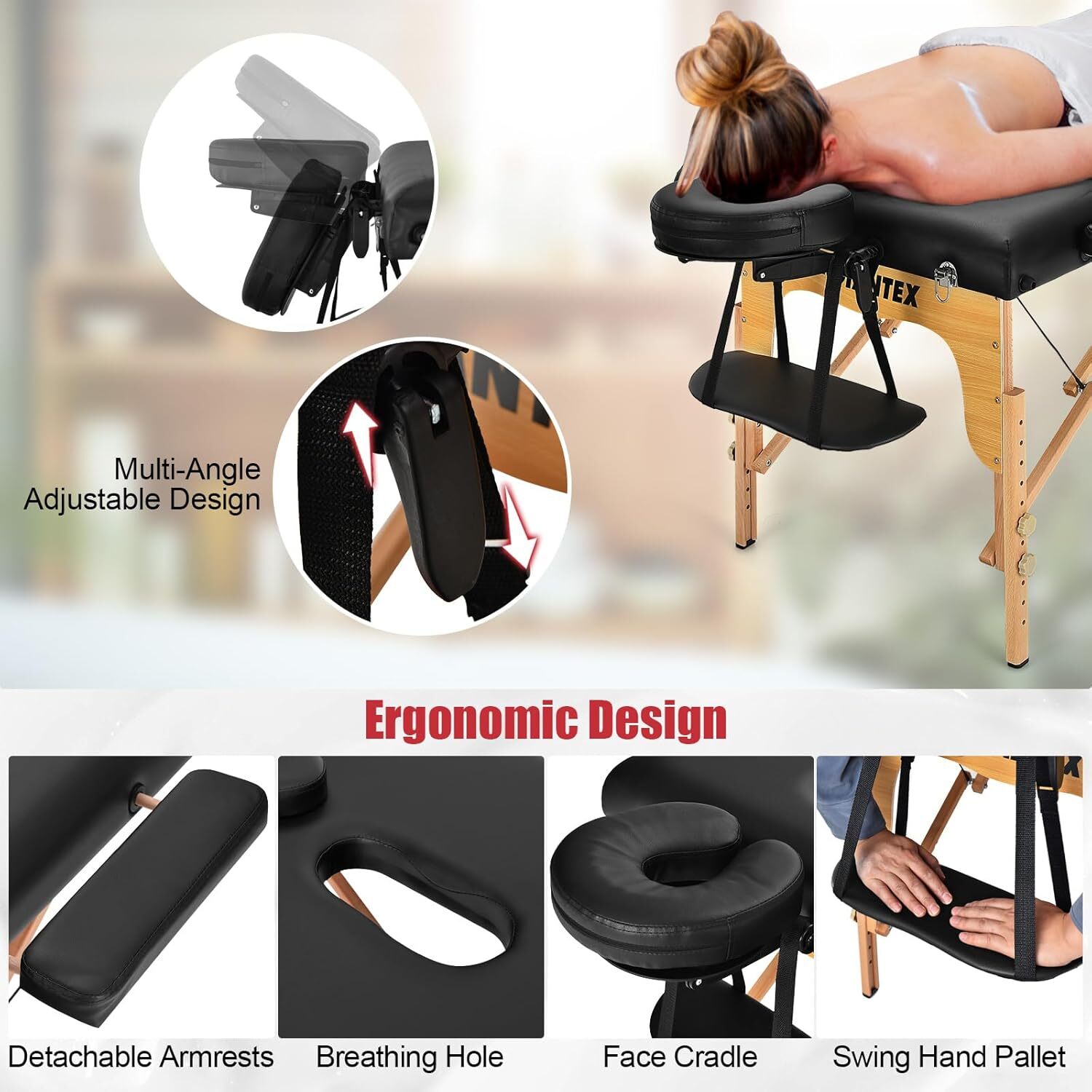 84" Folding Portable Massage Table 3 Sections Spa Salon Bed with Face Cradle