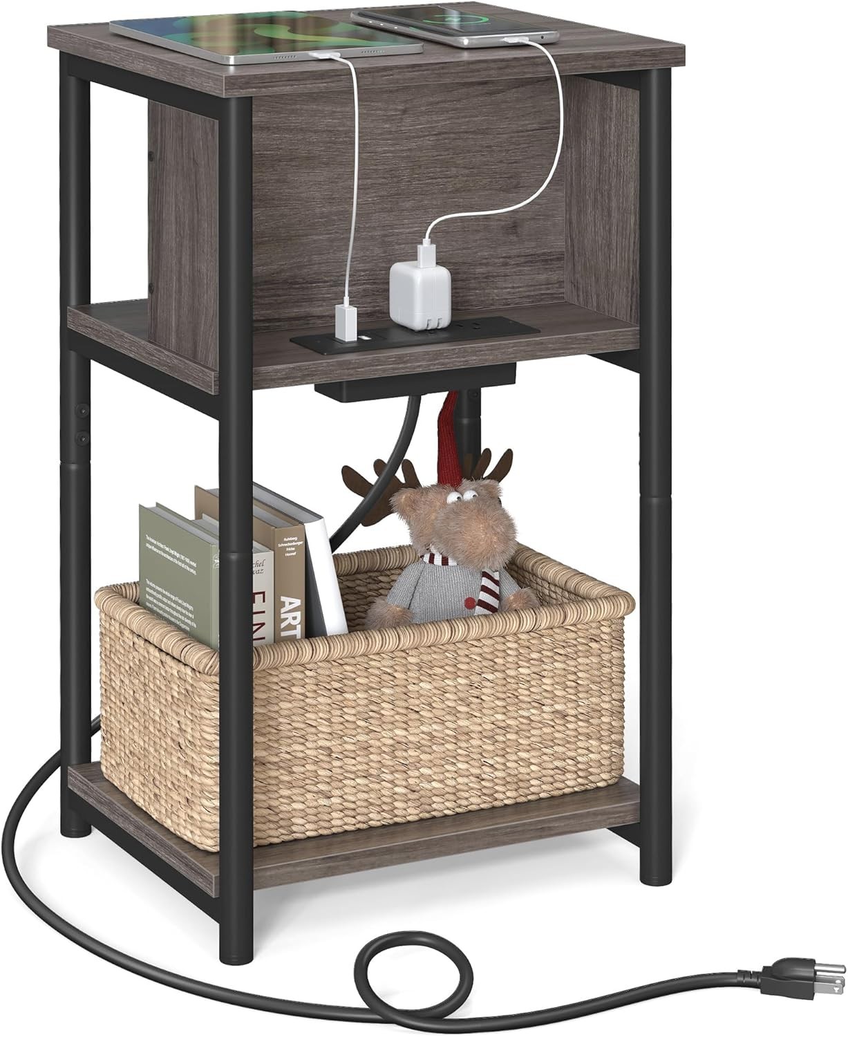 Side Table W/ Charging Station 3-Tier End Table W/ USB Ports & Outlets