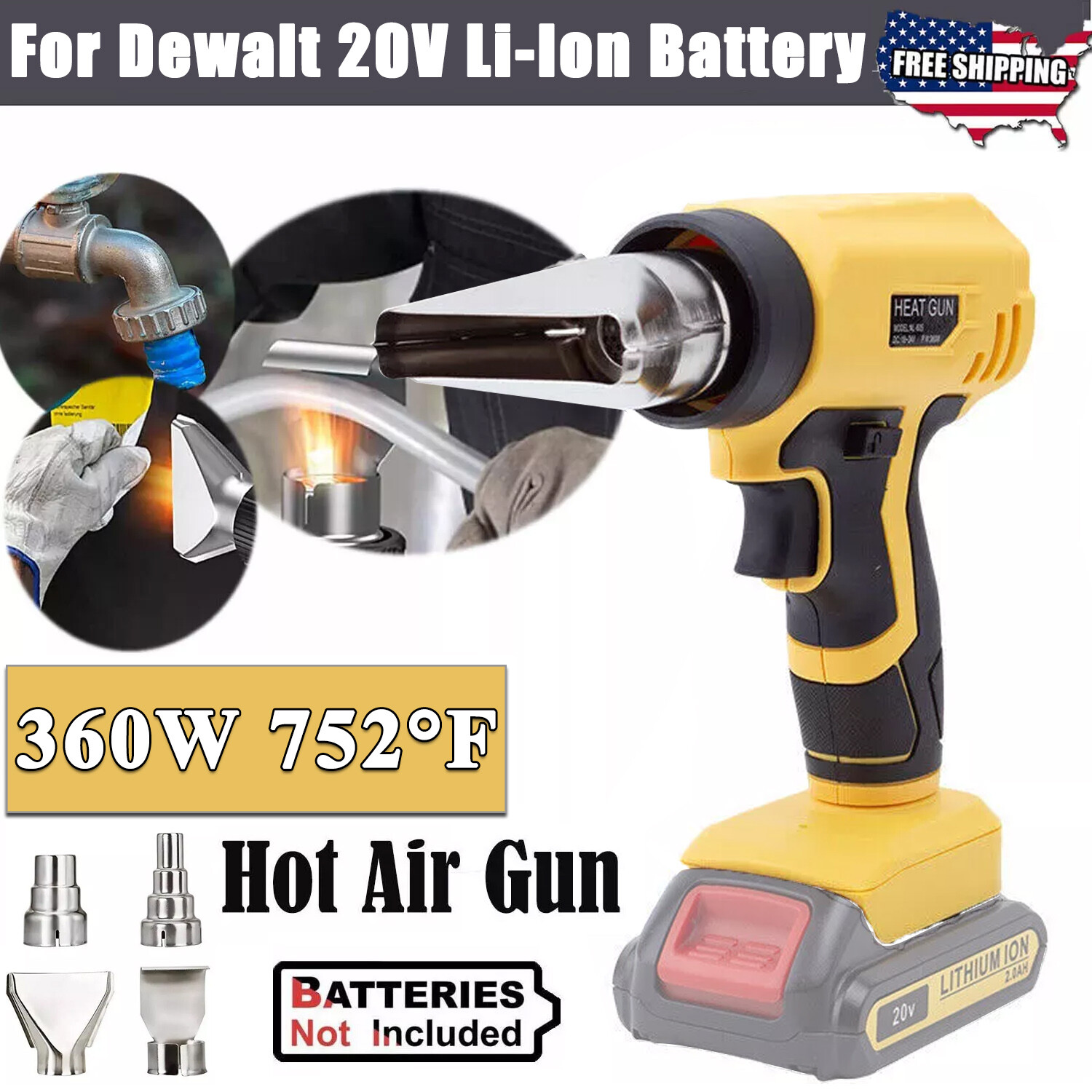 Cordless Heat Gun for Dewalt 18v Battery Soldering Hot Air Gun  with 4 Nozzles
