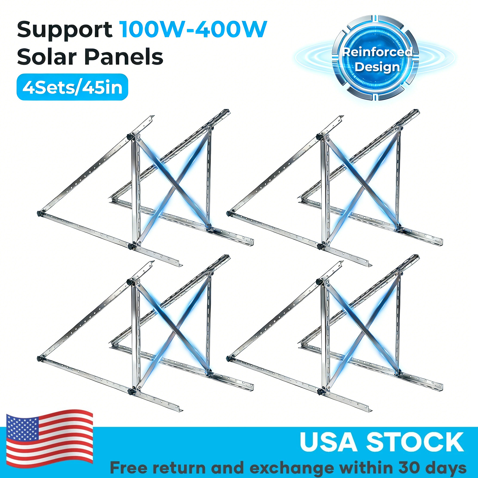 4 Sets 45in Solar Panel RV Tilt Mount Brackets Kit Roof Surface Adjustable Frame
