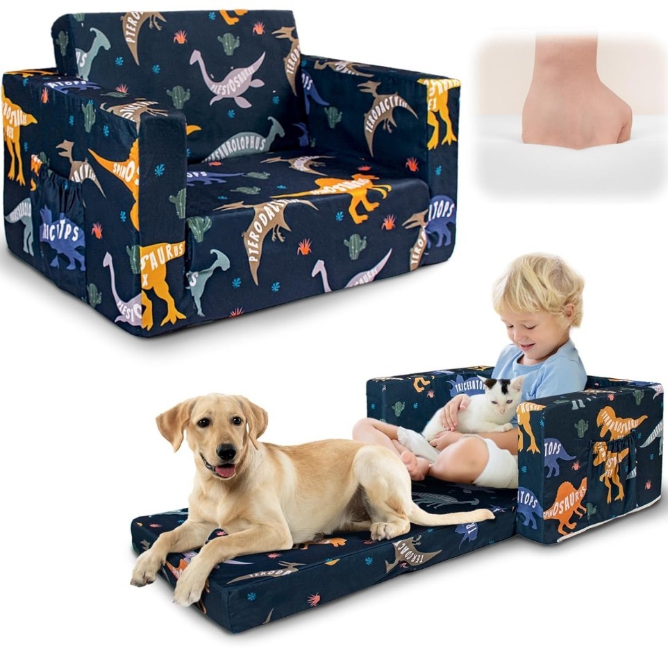 Dinosaur Blue Flip Out Chair To Lounger Couch Sofa For Kids Boys Toddlers 1-3