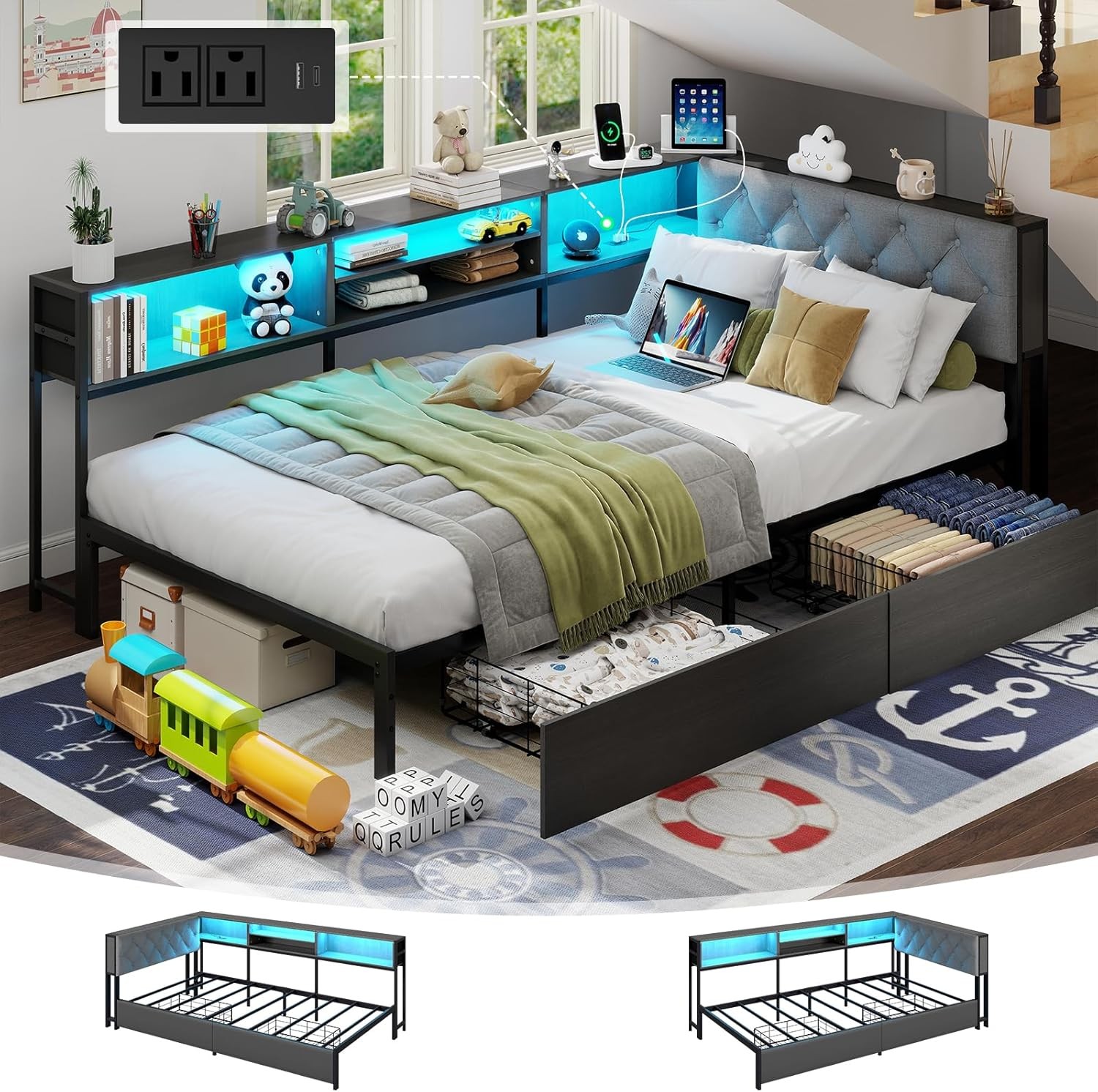 Full/Twin/XL Corner Bed Frame with 2 Storage Drawer and Bookself & Charging Port