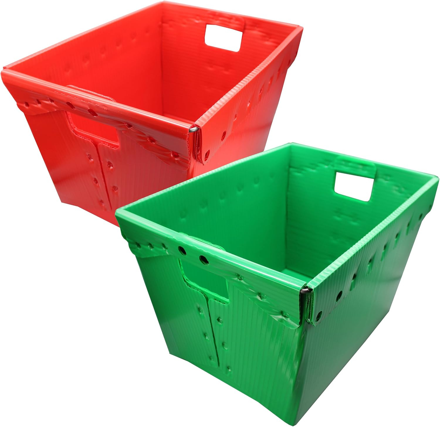 Durable Plastic Storage Totes with Metal Frame - 2 Pack, Red & Green