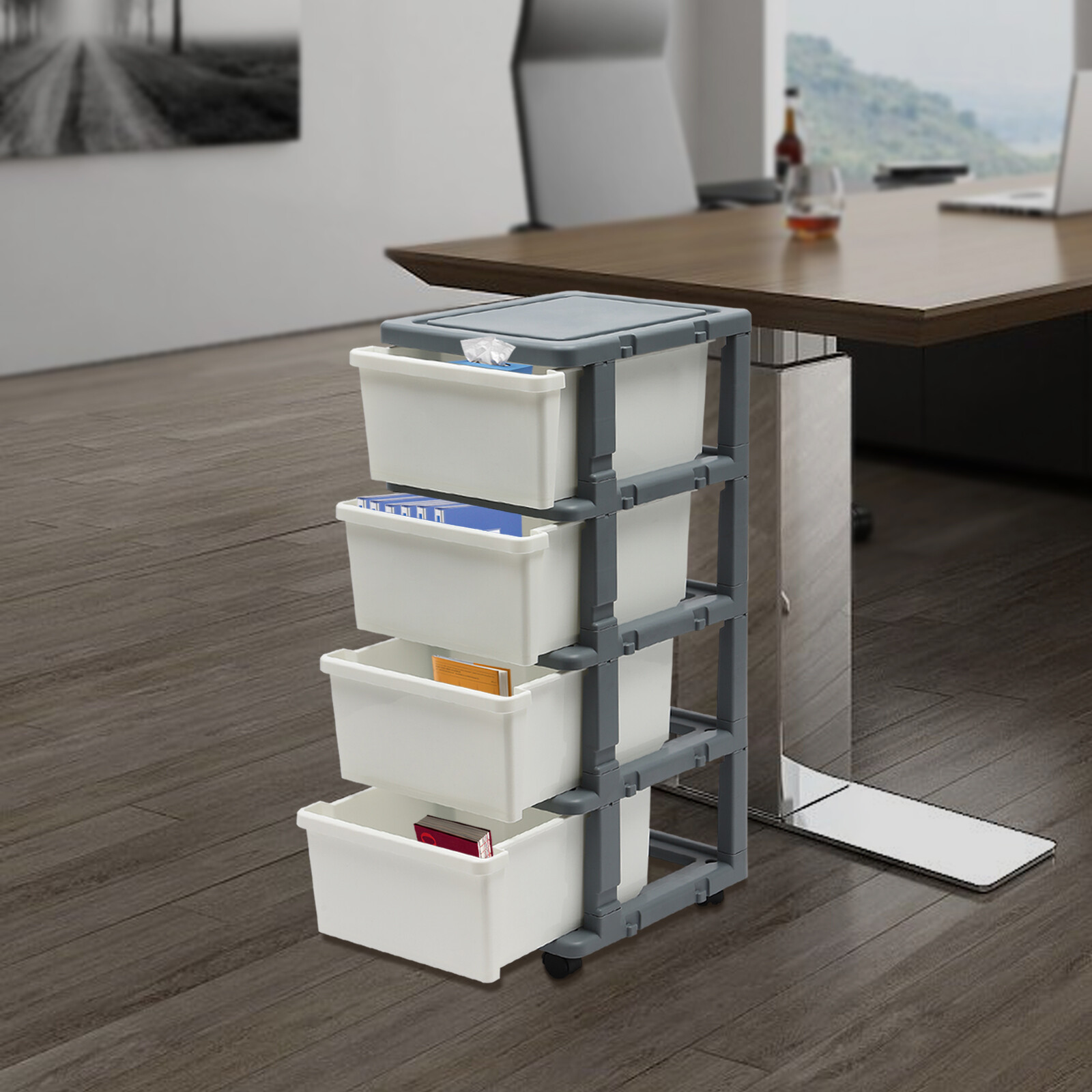 4-Tier File Drawer Storage Box Document Organizer Floor-Mount File Organizer Box