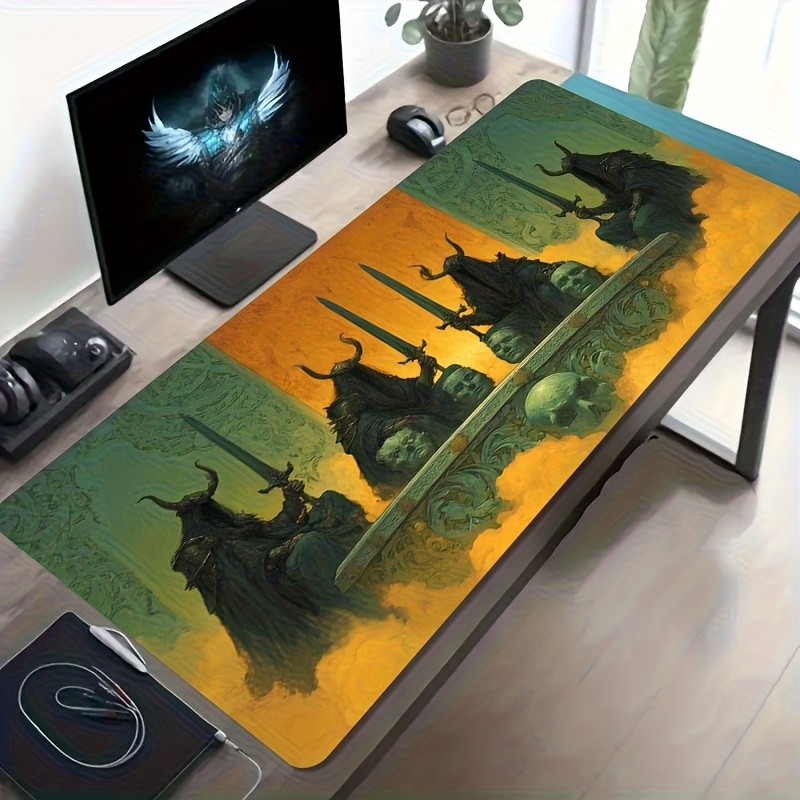 A Large Gaming Mouse Pad Featuring a Mysterious Figure with a Sword And Horns i