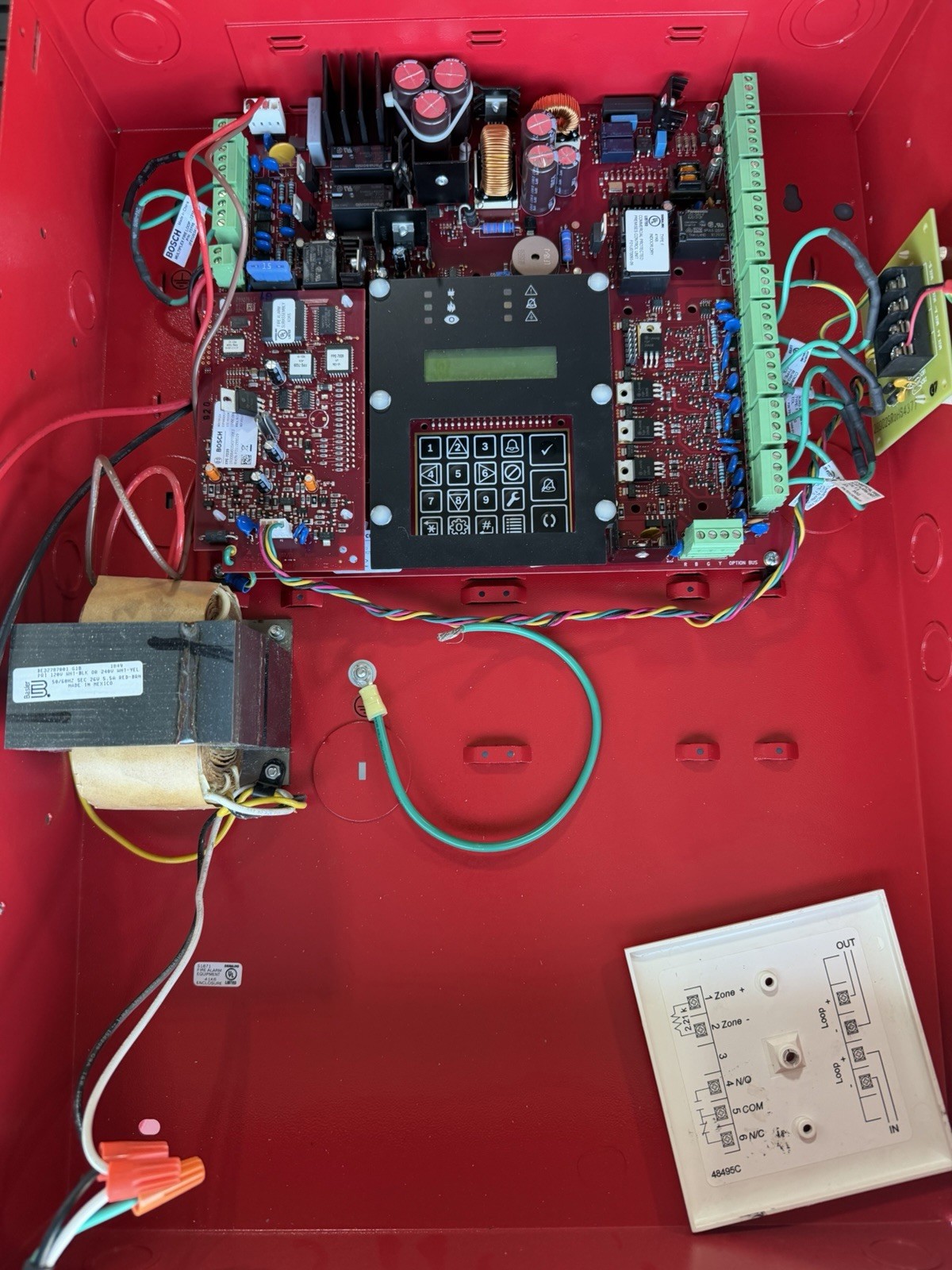 Bosch FPD7024 Fire Alarm Control Panel Board in Red Enclosure w/ Keypad LCD R
