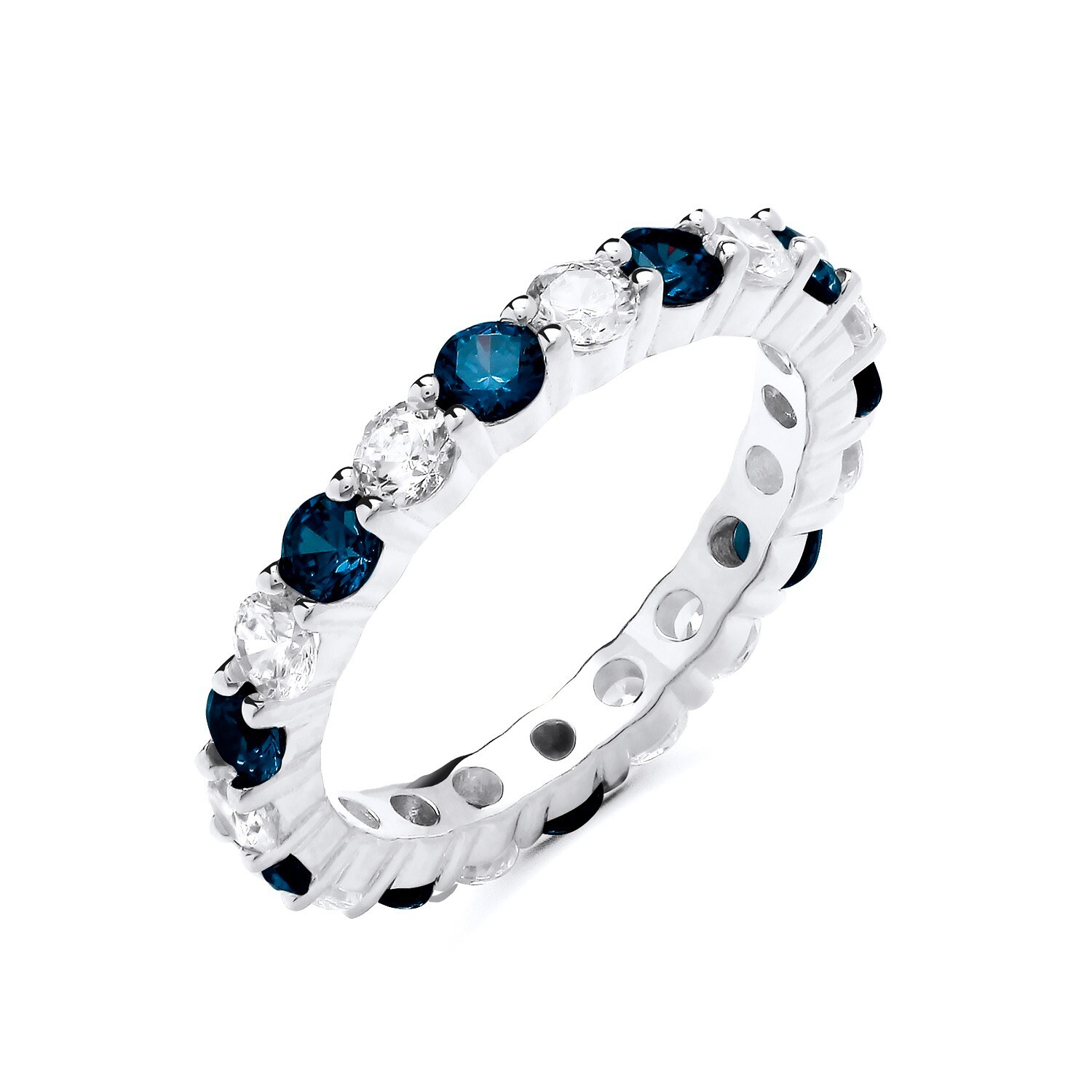 Sterling Silver 925 Simulated Blue Sapphire & CZ Full Eternity Band Ring K-S