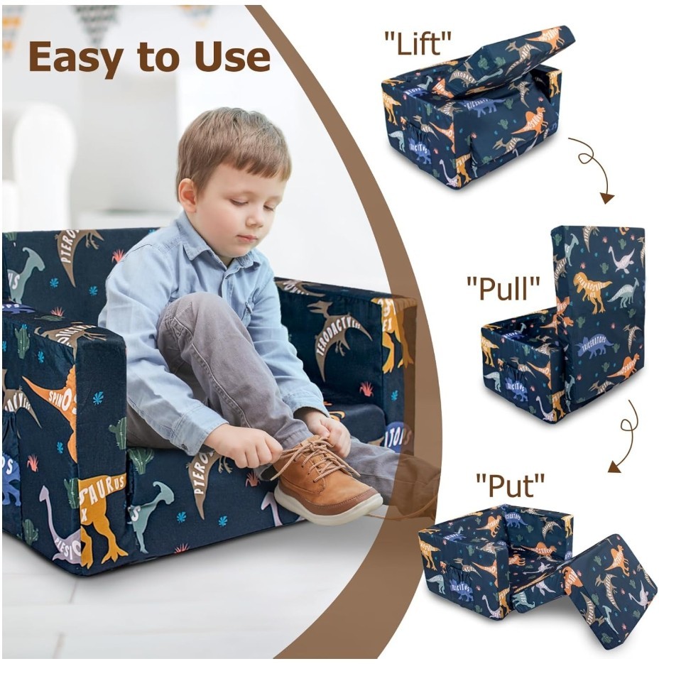 Dinosaur Blue Flip Out Chair To Lounger Couch Sofa For Kids Boys Toddlers 1-3