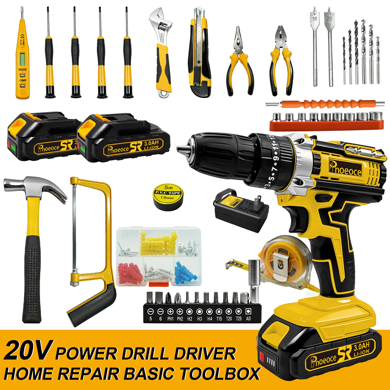 Power Drill Cordless Tool 20V 2 Speed with 2 Batteries for DIY Wood & Metal Dril