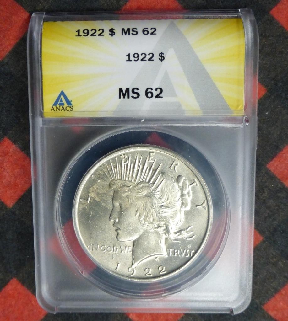 1922 ANACS MS 62 Peace Silver Dollar, United States of America Silver $1 Coin