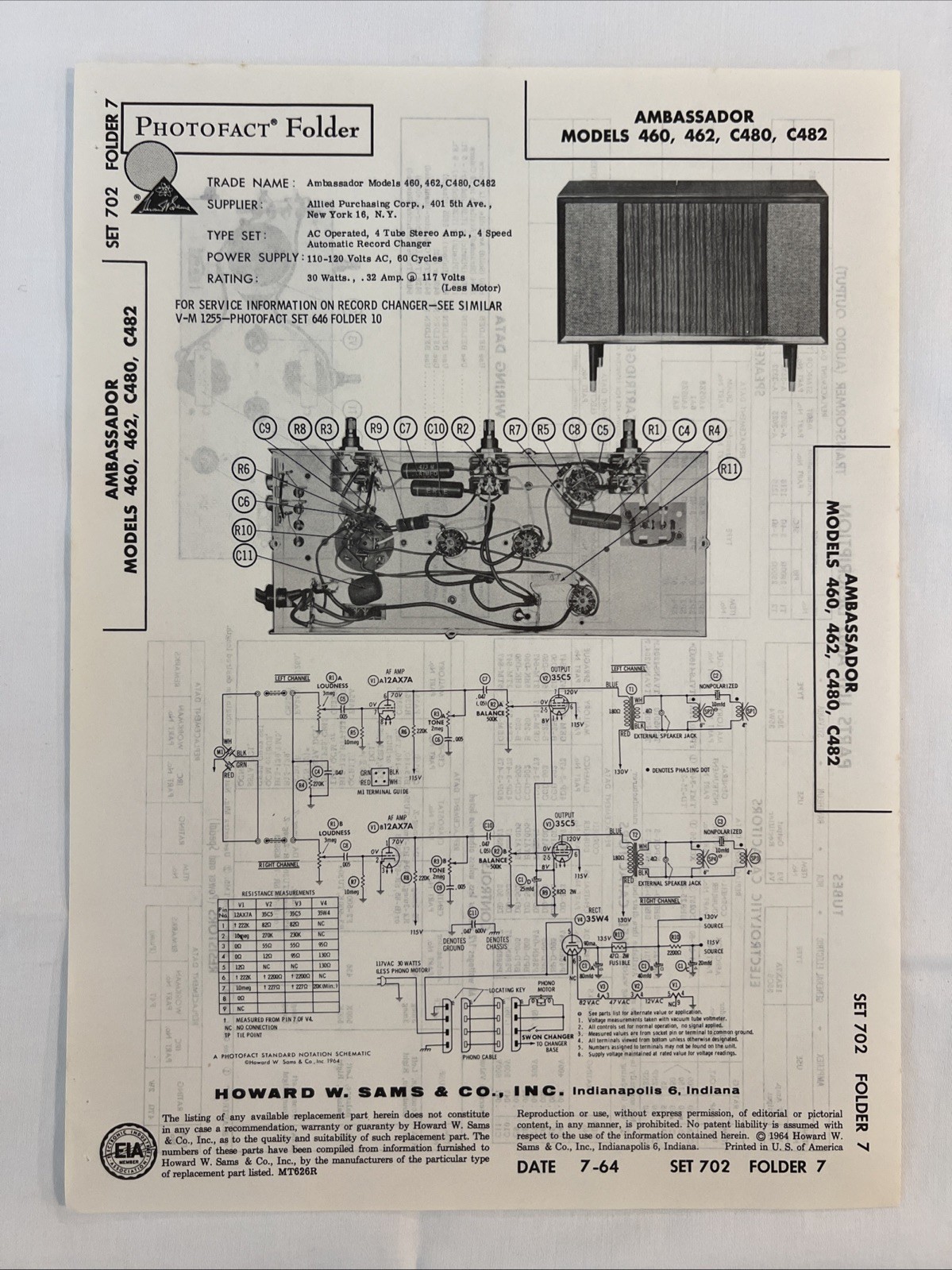 Vintage Sams Photofact Schematic 7-1964 AMBASSADOR MODEL 460, 462, C480, C482