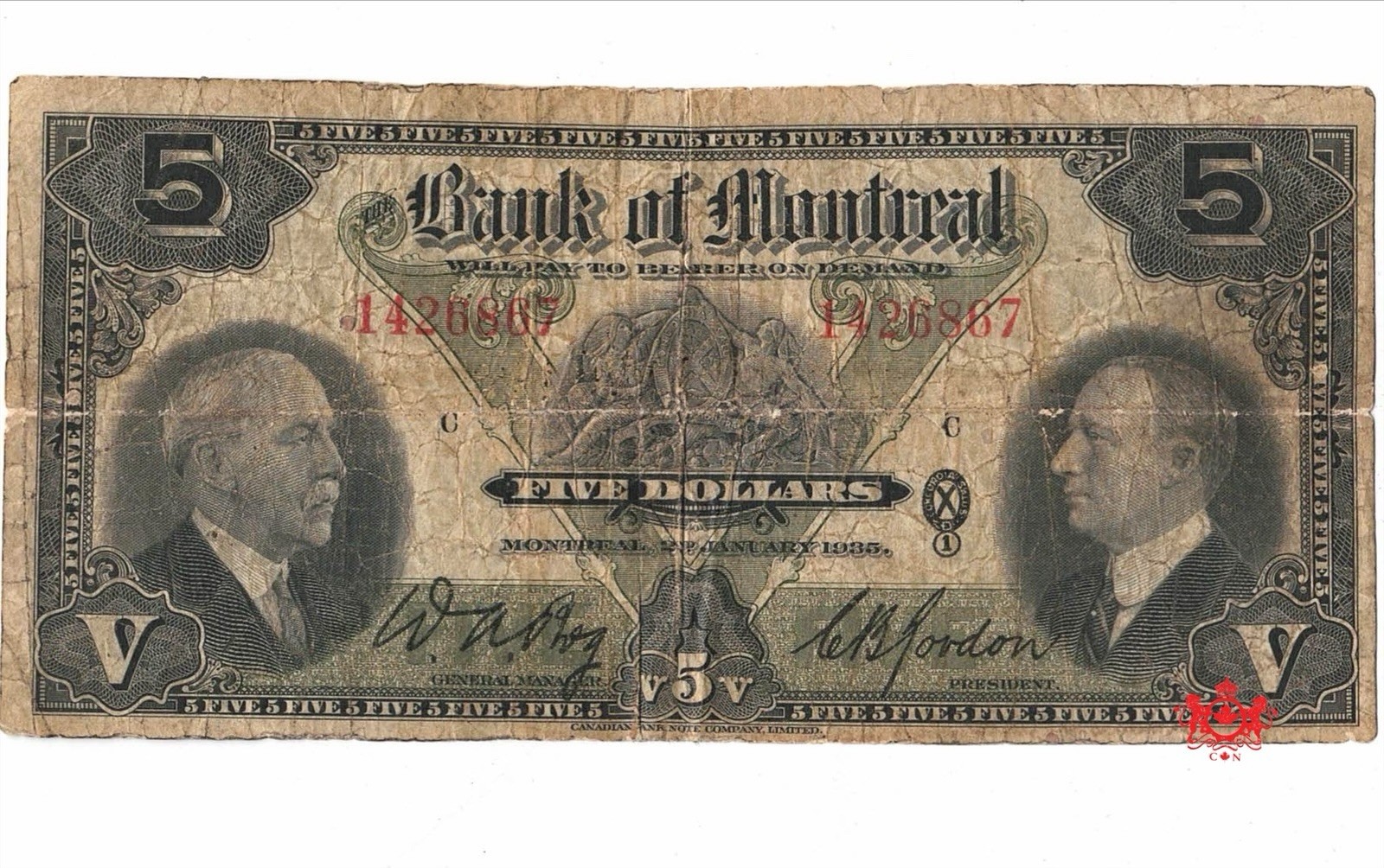 1935 Bank Of Montreal 5$ 142686 - Fine - Split 505-60-02