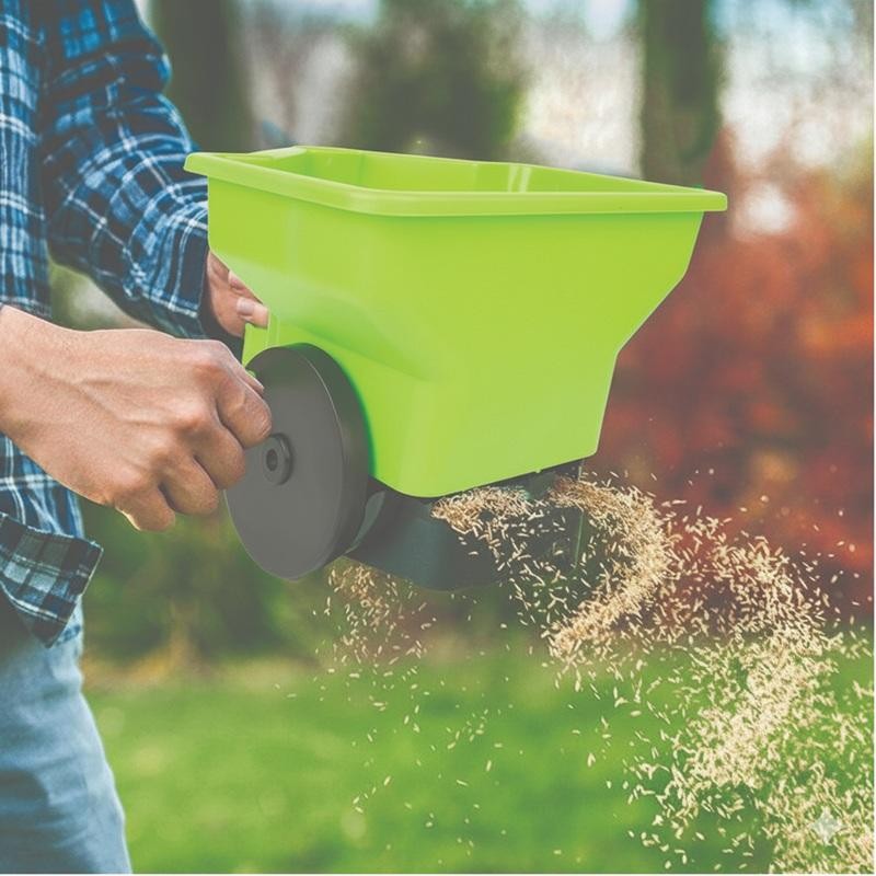 Handheld Broadcast Spreader 3qt. Hopper Adjustable Flow Fertilizer Seed Ice Melt