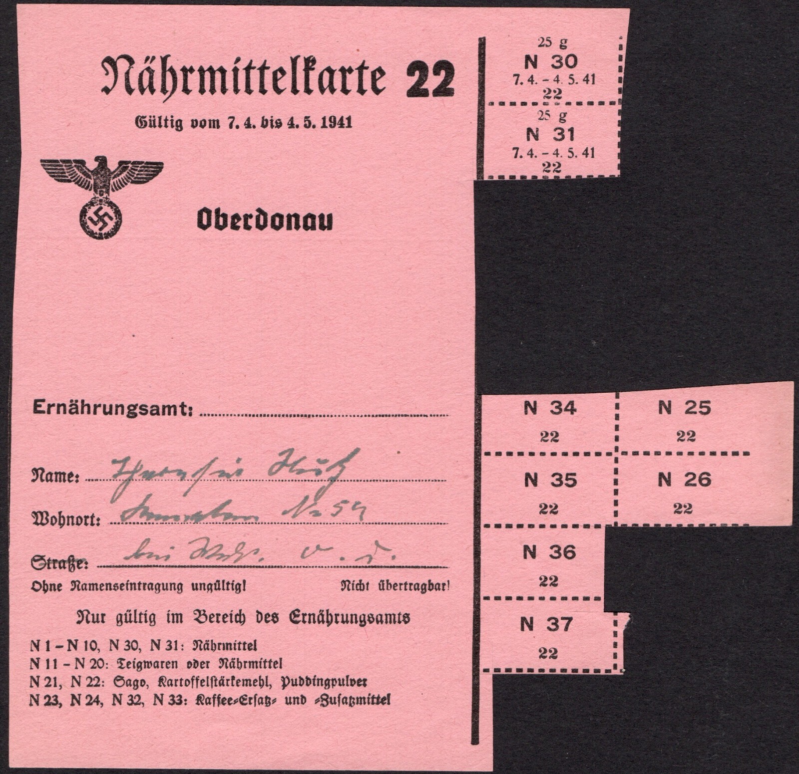 Food Rations coupon (22) - WWII - 1941 - Germany Austria / Oberdonau -"H89"