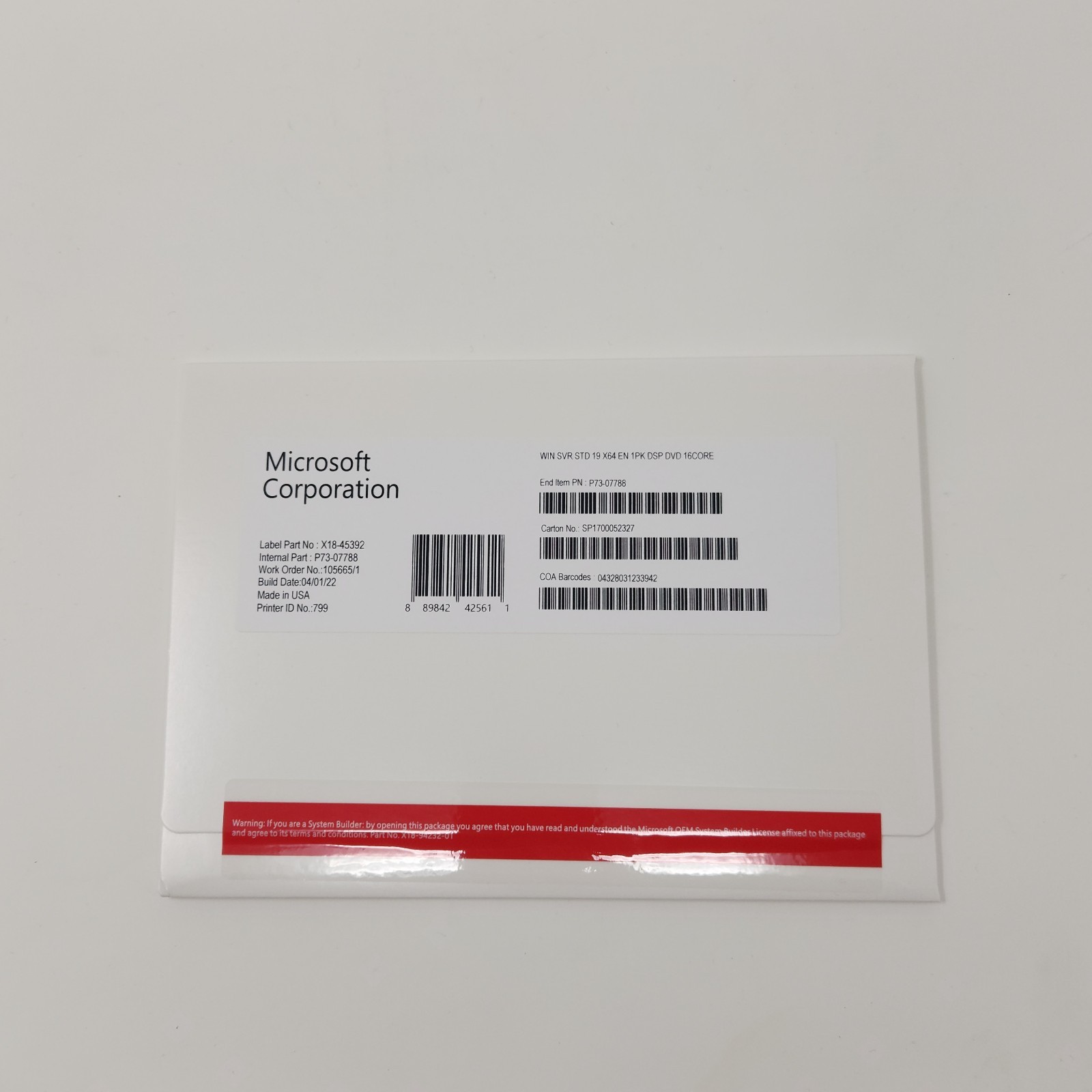 Microsoft Windows Server Standard x64 2019 Eng 16 Core DVD + Key New
