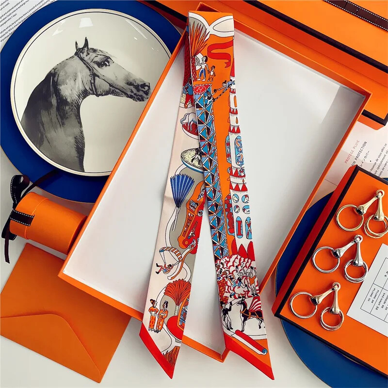Luxury Silk Skinny Scarf Fashion Bag Handle Ribbon Horse Print Headband Small