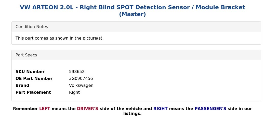 VW ARTEON 2.0L - Right Blind SPOT Detection Sensor / Module Bracket (Master)