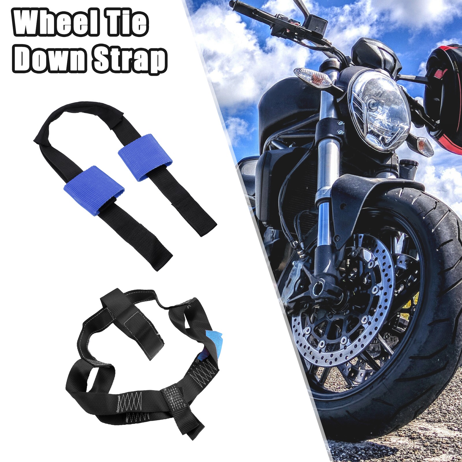 1 Set Front Rear Wheel Transport Tie Down Strap Motorcycle Nylon Black Blue