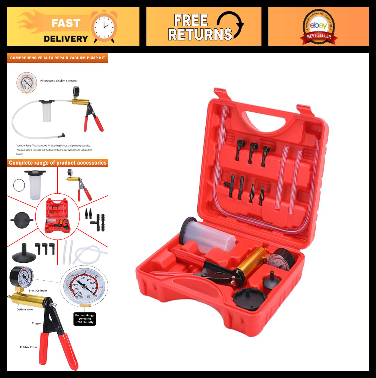2-in-1 Brake Bleeder Kit & Hand Vacuum Pump with Gauge, Auto Fluid Bleeding Set