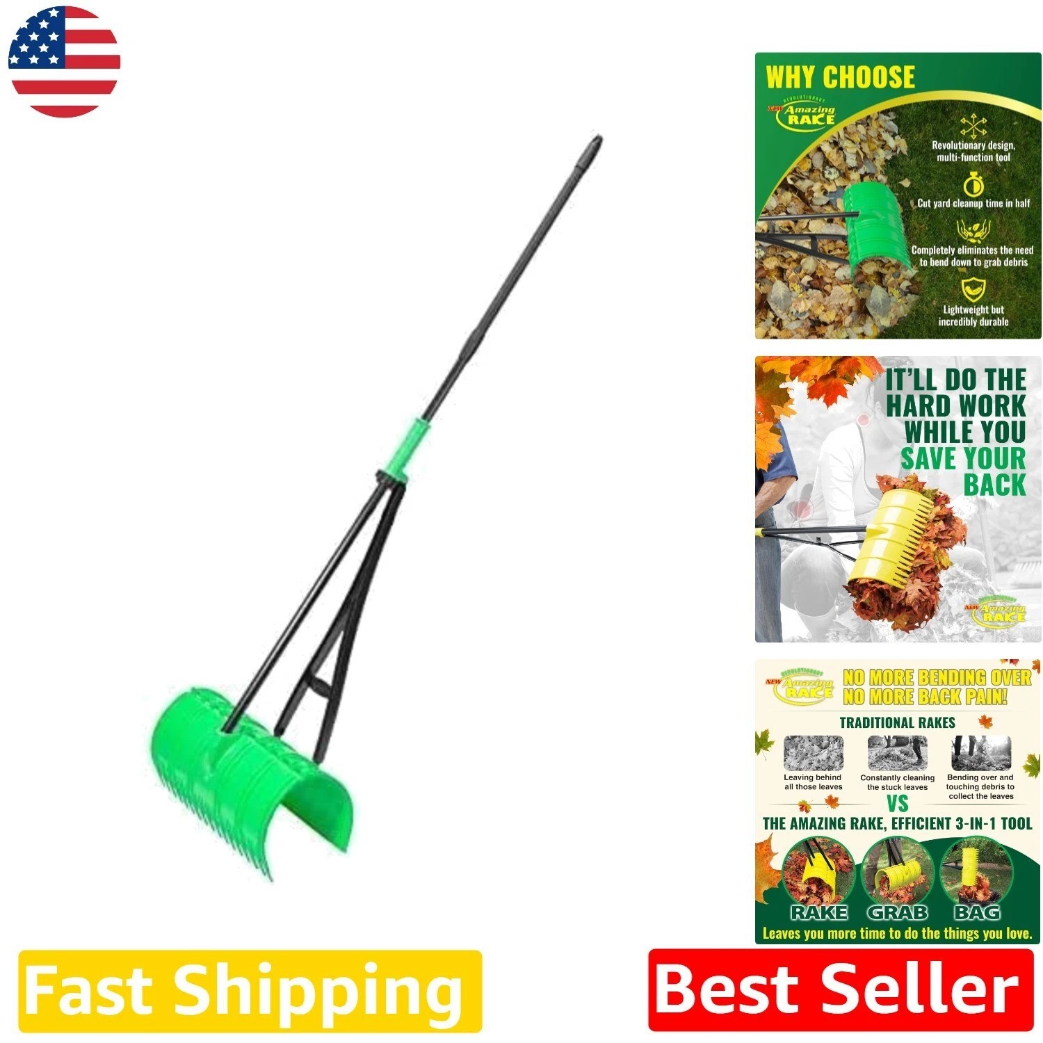 Lightweight Leaf Rake Green 3-in-1 Scoop & Grab - Unbreakable PP