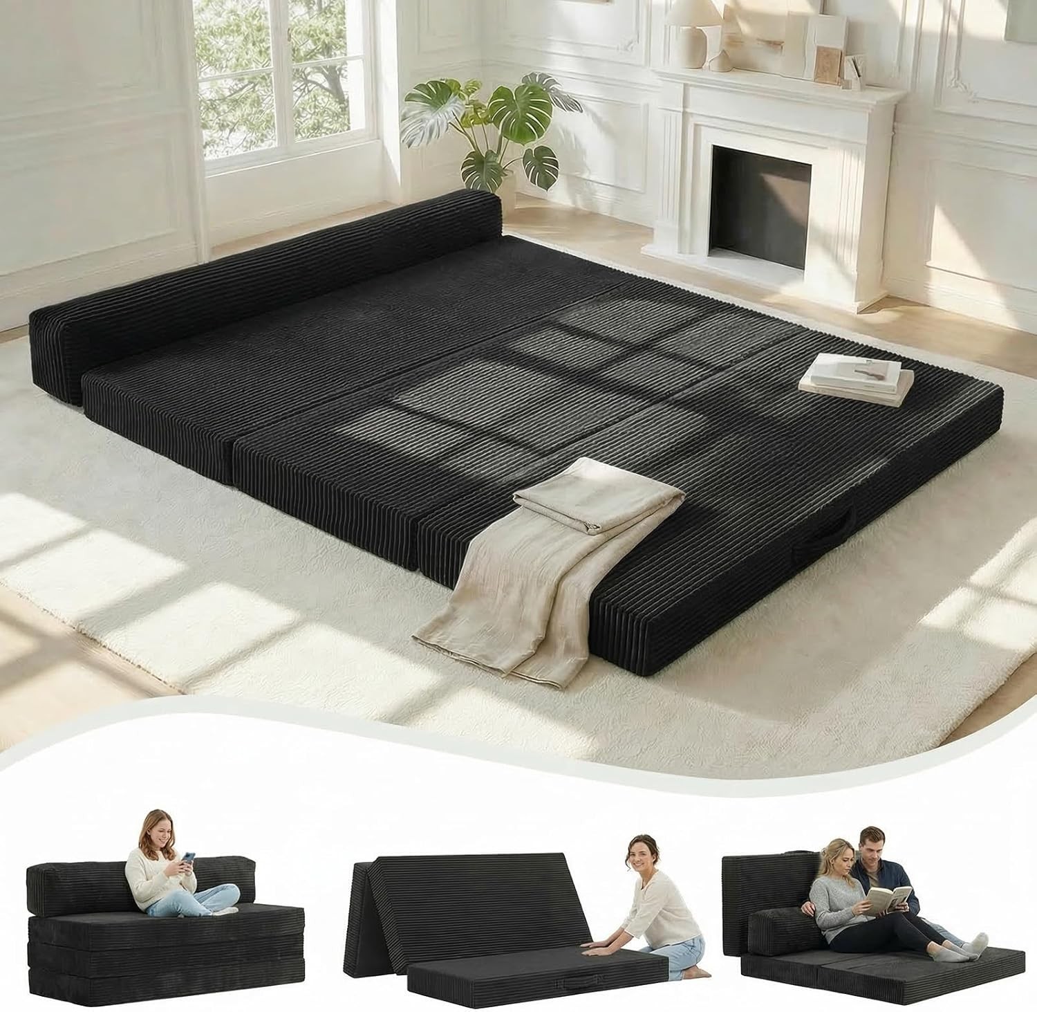 6 inch Tri-Folding Mattress Queen Futon Sofa Bed Convertible Foldable Mattress