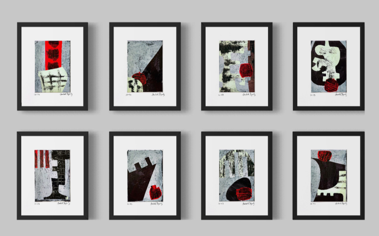 Set of 8 Original Collage Abstract Architectural Botanical Art Matted to 8x10
