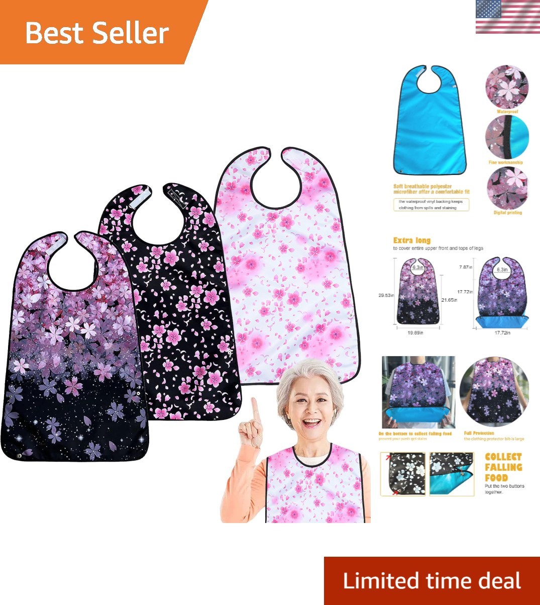 Elegant Washable Adult Bibs for Women - Cherry Blossom 3-Pack with Crumb Catcher