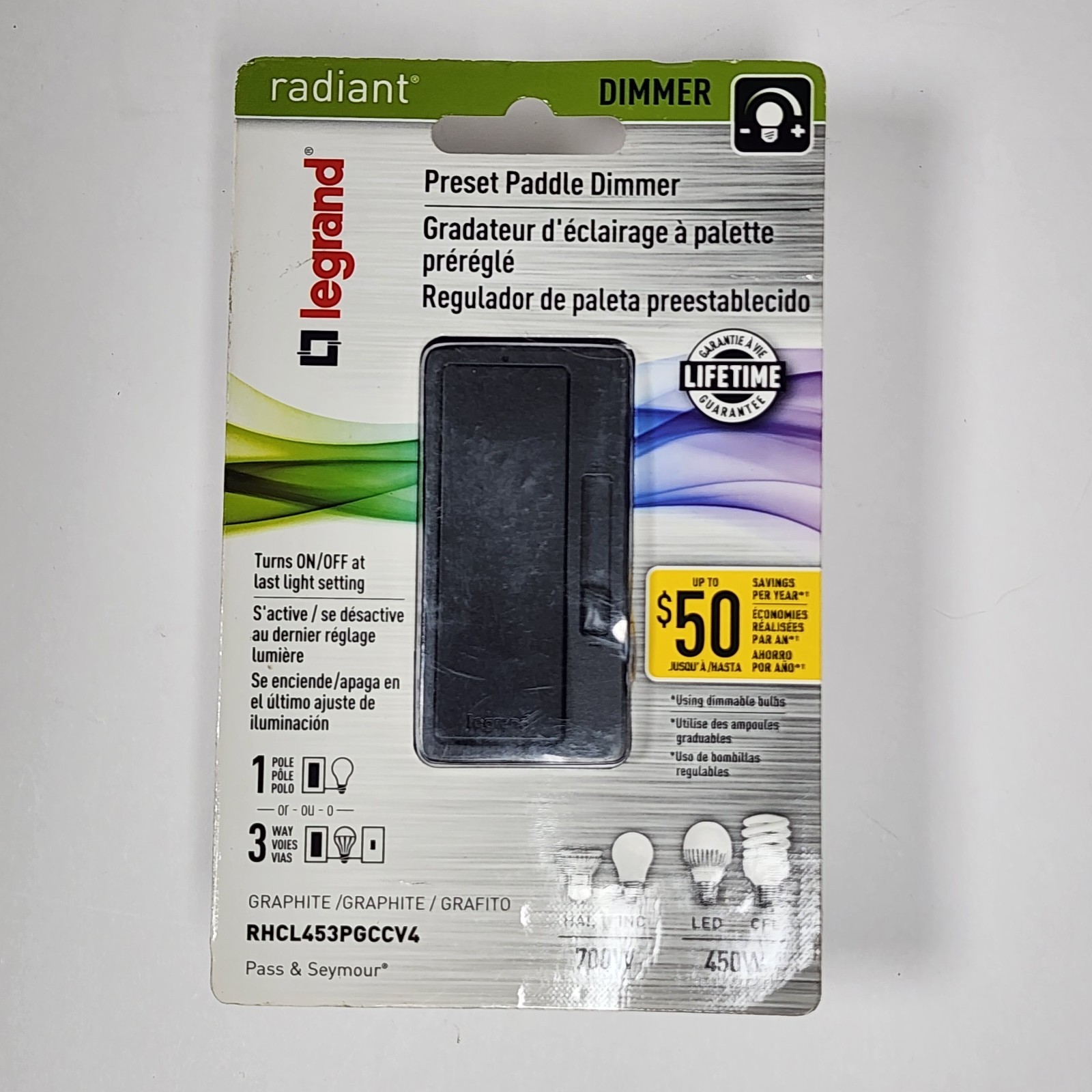 Legrand RHCL453PGCCV4 450W Preset Decorator Rocker Dimmer Light Switch 3-Way