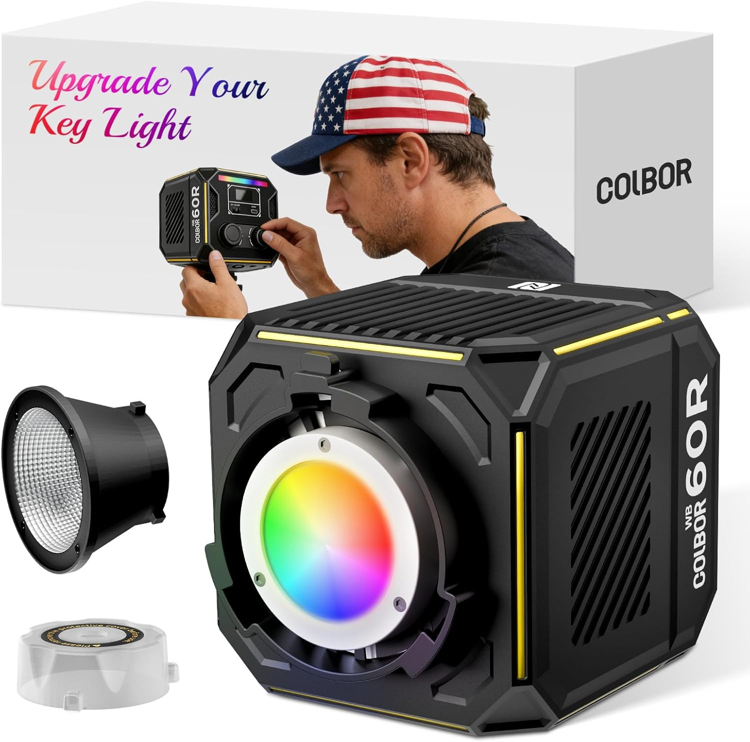 COLBOR 60W LED Video Light, Portable RGBCW COB Light with Built-In 59Wh Battery,