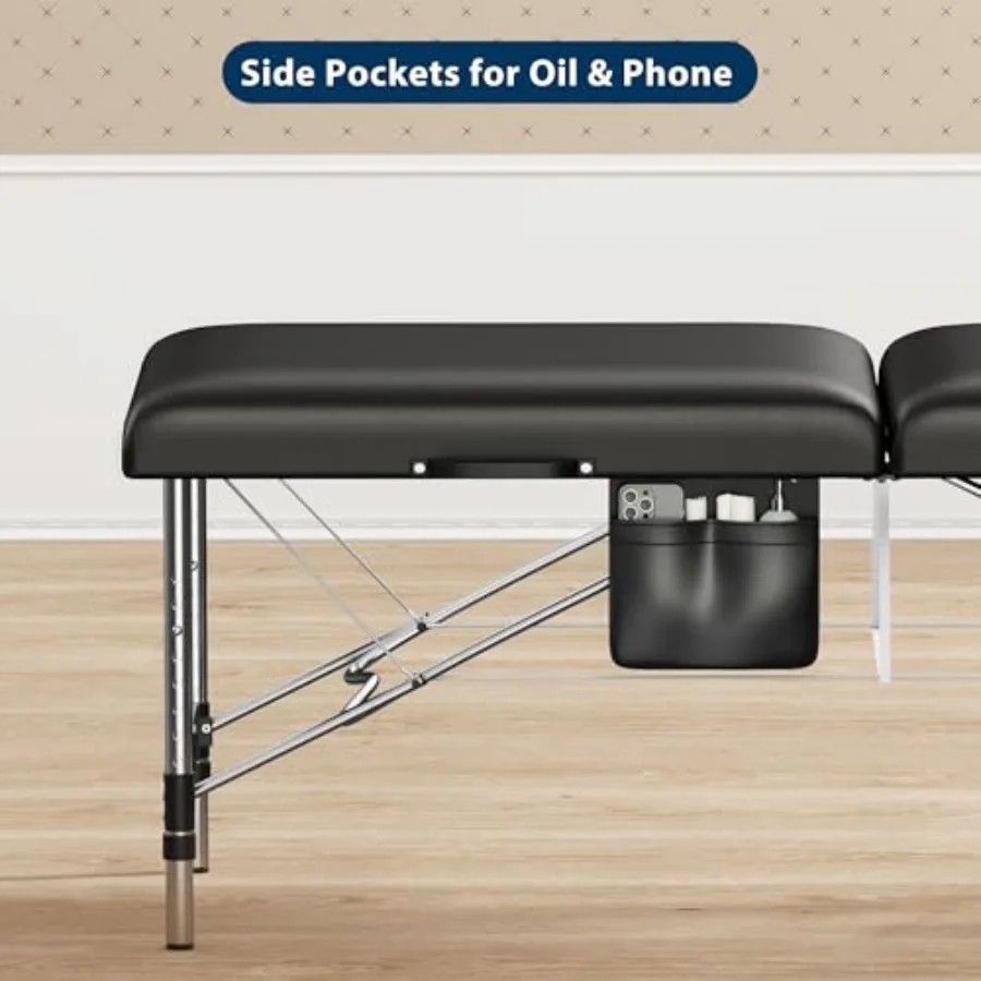 Massage Table Portable 2-Fold Lash Bed with Side Pocket Adjustable Height Sturdy