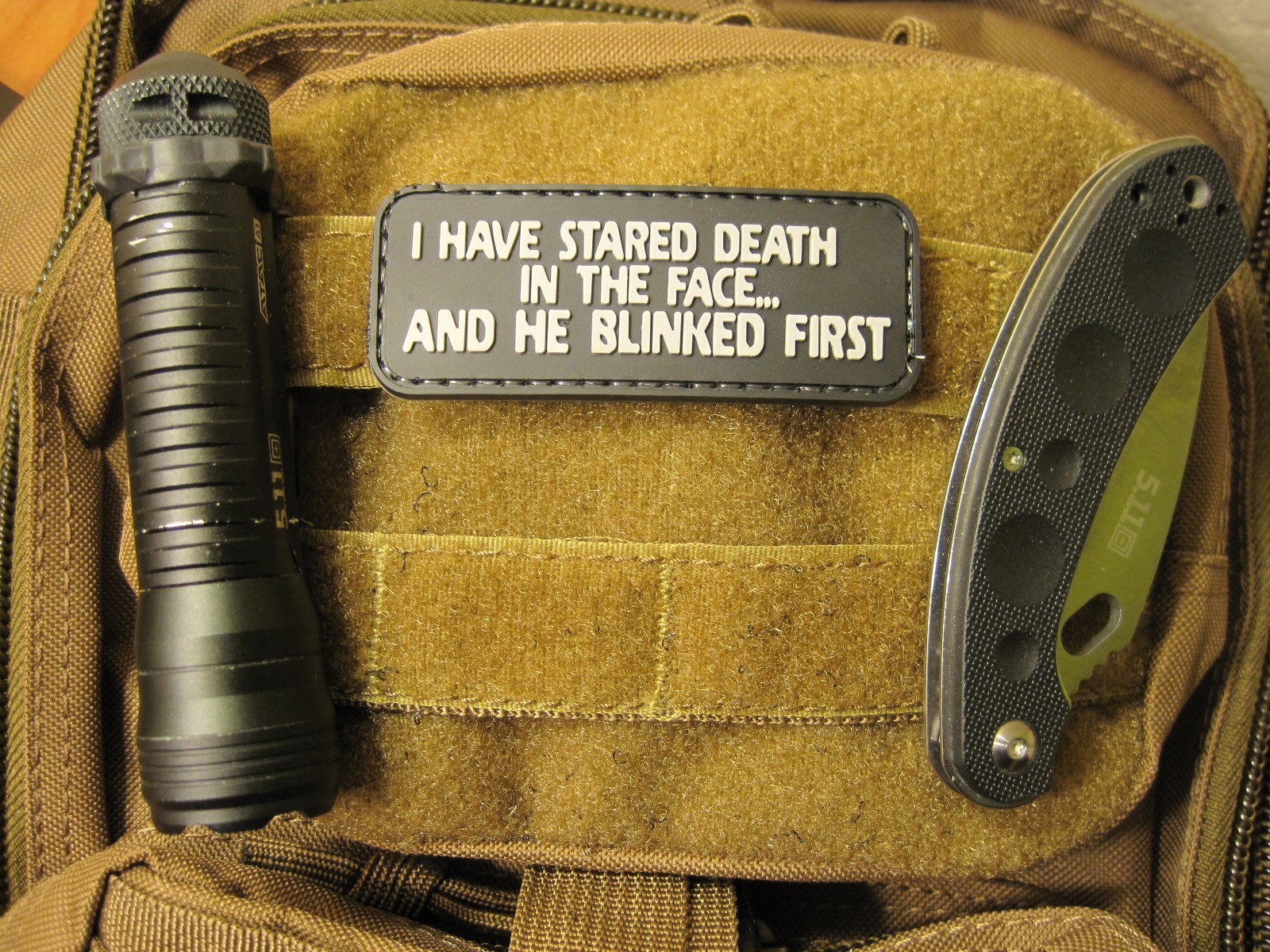 TACTICAL MILITARY MORALE PATCH "I HAVE STARED DEATH" PVC RUBBER HOOK BACK LOOK!