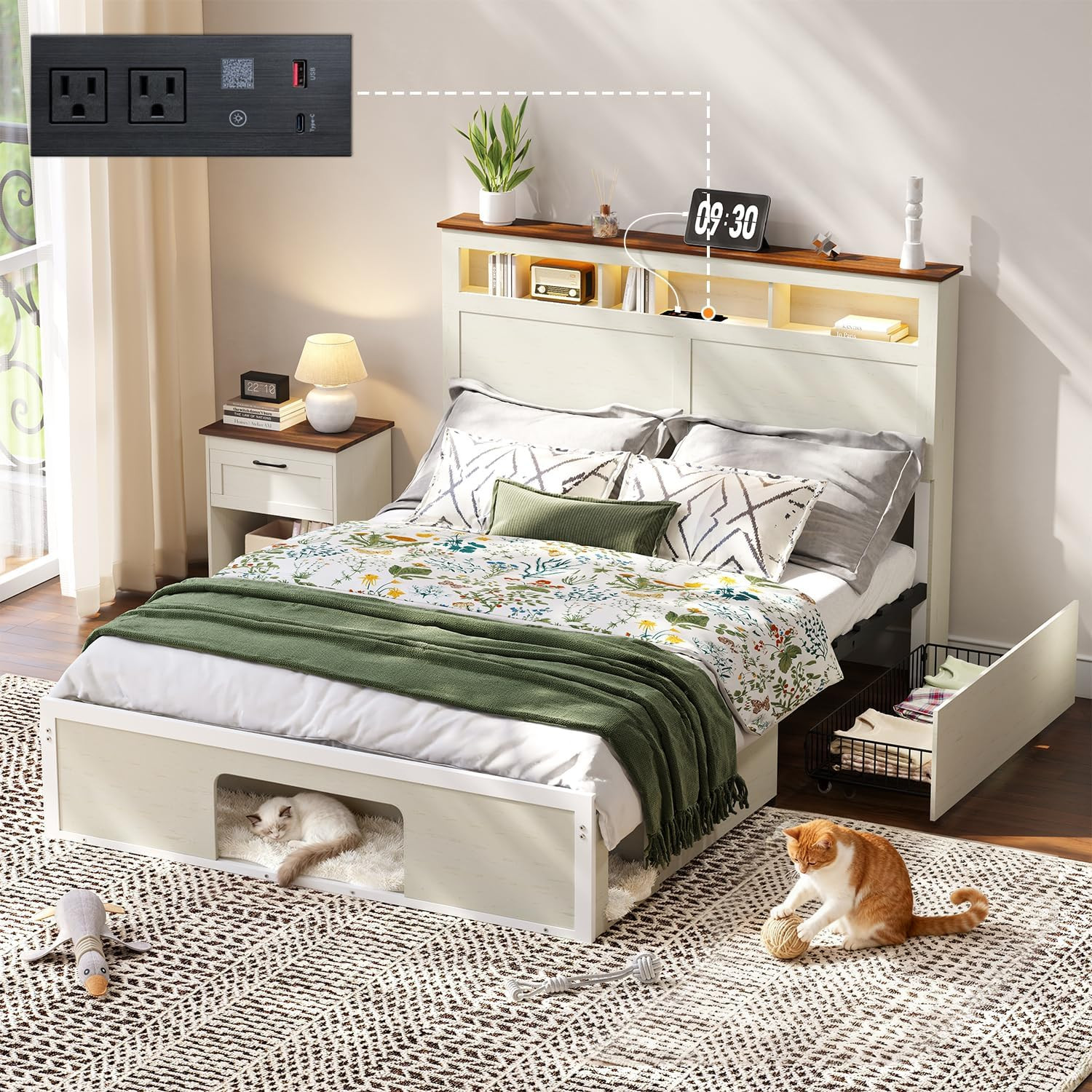 Farmhouse Wood Full Bed Frame with Storage Headboard & Drawer for Cat & Dog |  P