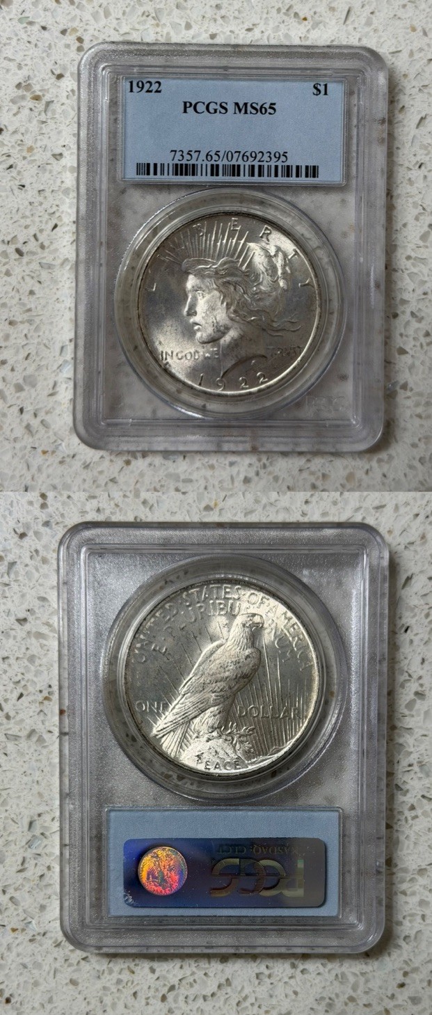 1922 Silver Peace Dollar $1 PCGS MS65
