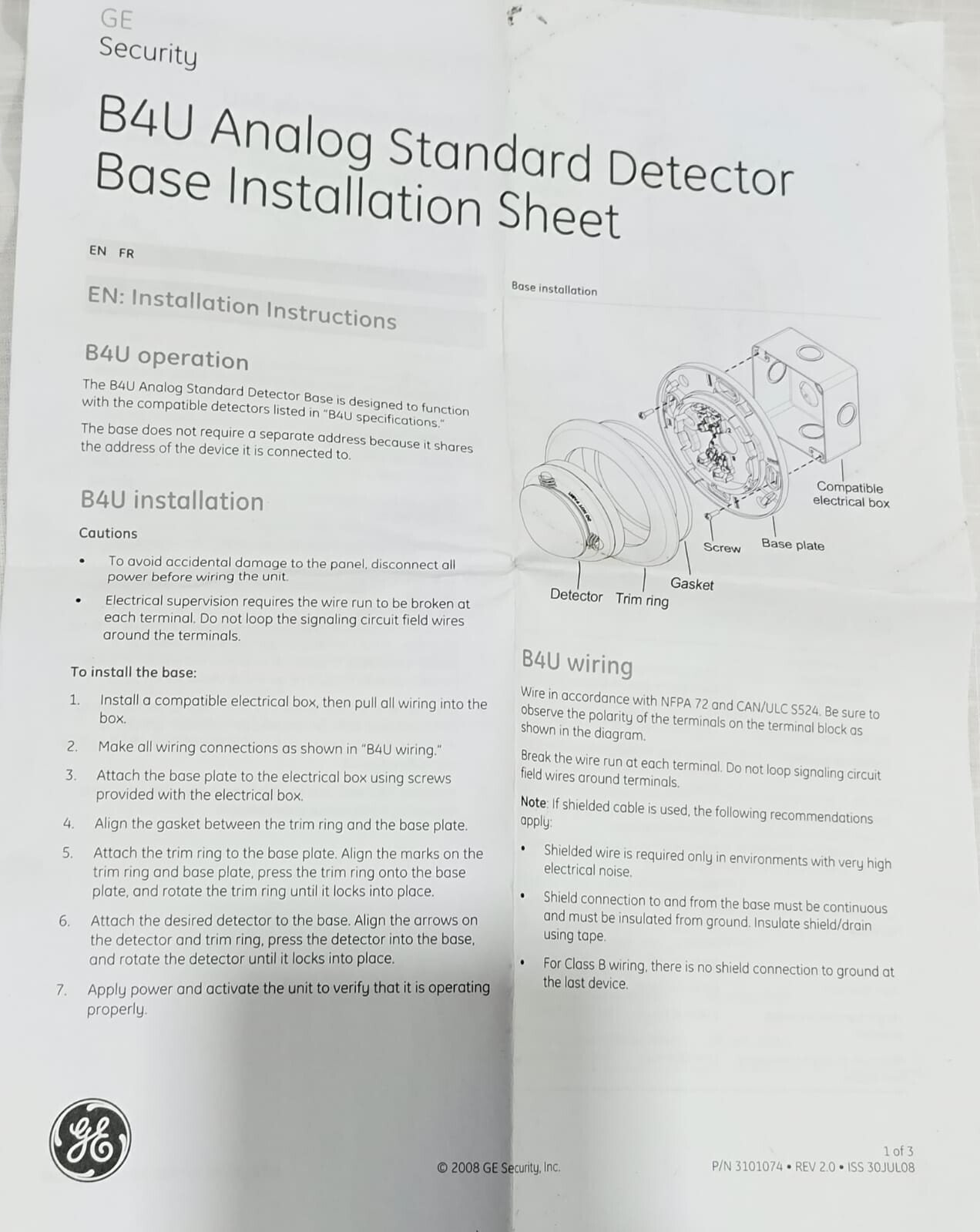 GE Edwards B4U Analog Dectector Base for Intelligent Addressable Detector