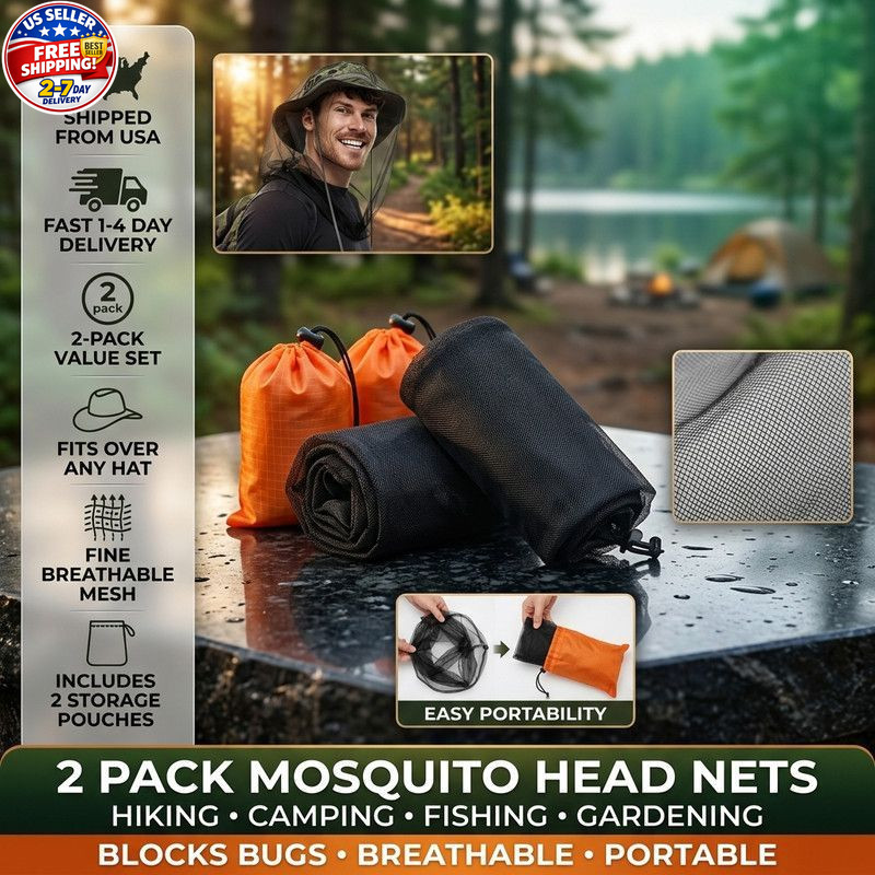 2 Pack Mosquito Head Net Bug Net Fits Over Hat Hiking Camping Fishing Gardening