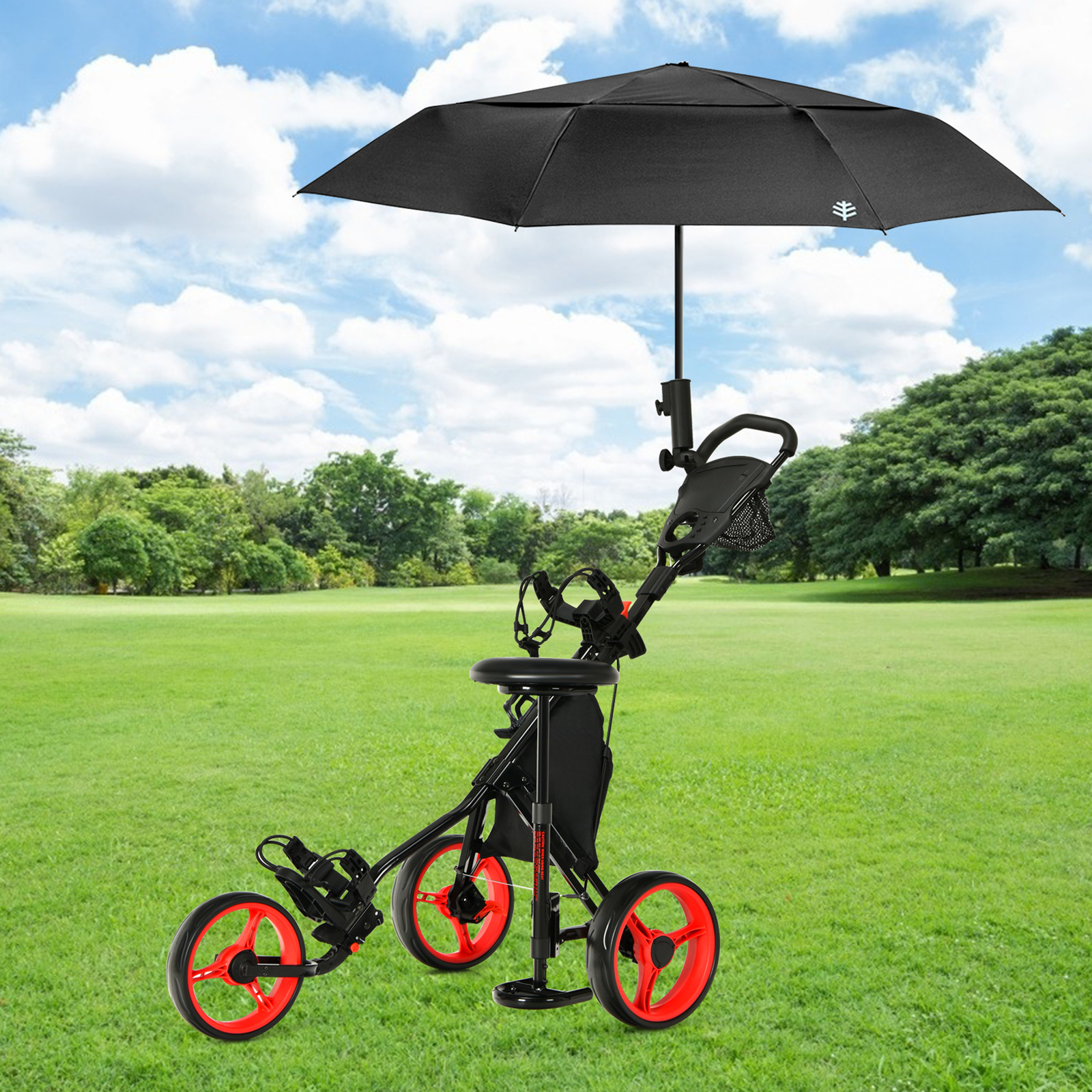 3-Wheel Foldable Golf Push Pull Cart Trolley w/ Seat Adjustable Handle Red