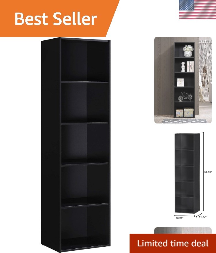 Contemporary 5 Shelf Bookcase in Black - Heavy Duty Storage for Home & Office