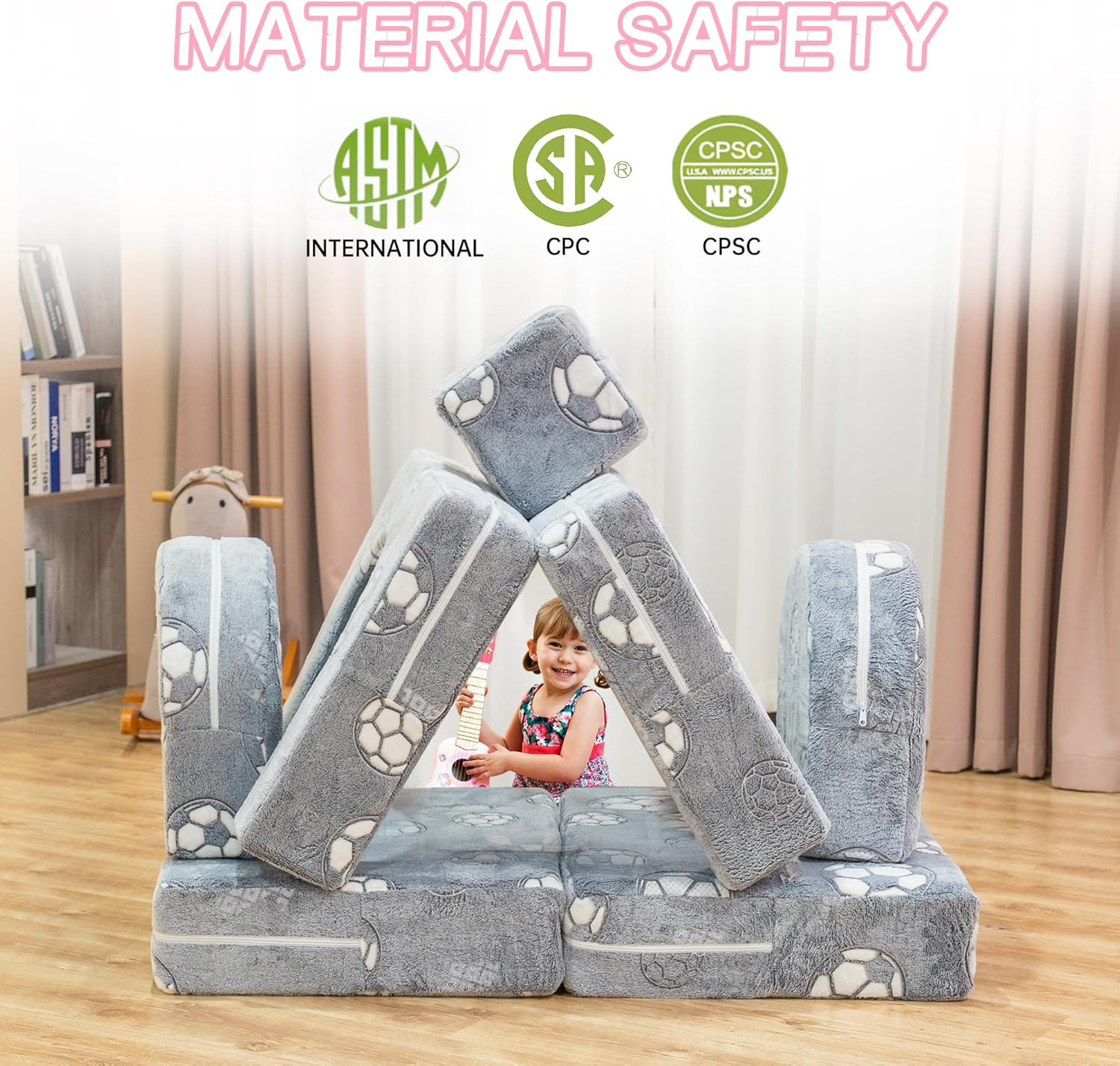 Glow-in-the-Dark Modular Kids Play Couch - Instant Expansion, Grey