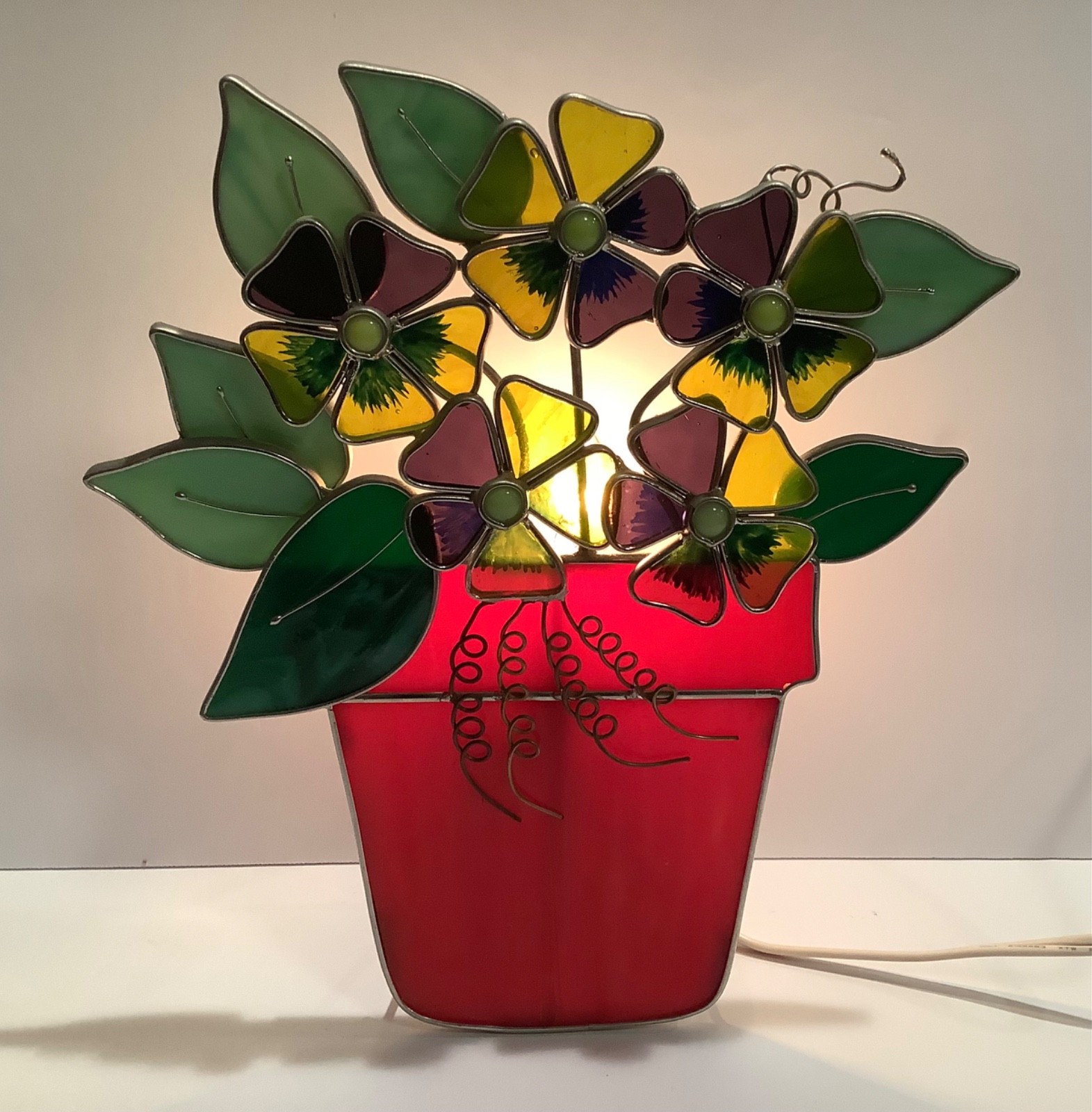 Vintage Stained Glass Free Standing Night Light/Lamp Pansies in Pot